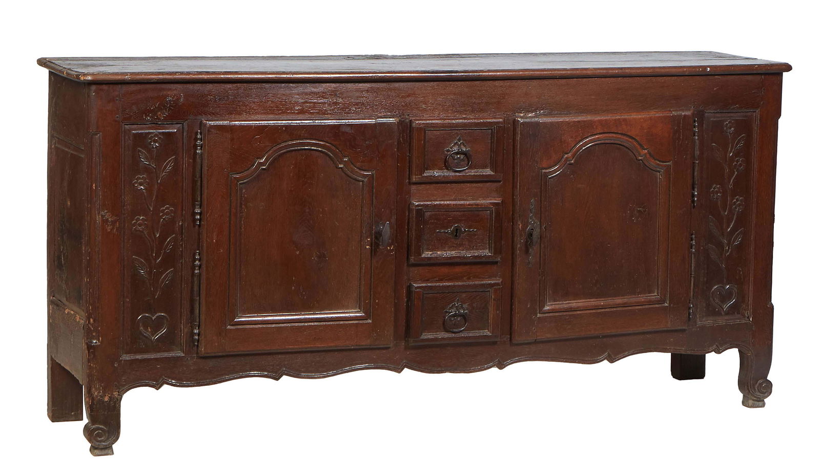 French Provincial Louis XV Style Carved Oak Sideboard, 19th c., the stepped rounded edge top over a (1 of 1)