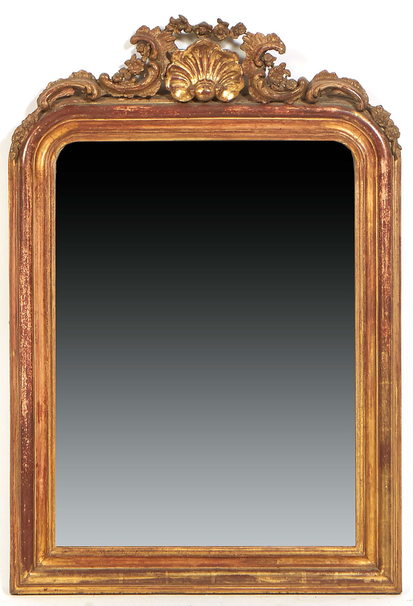 French Gilt and Gesso Overmantel Mirror, 19th c., the shell and floral crest over a wide arched (1 of 1)