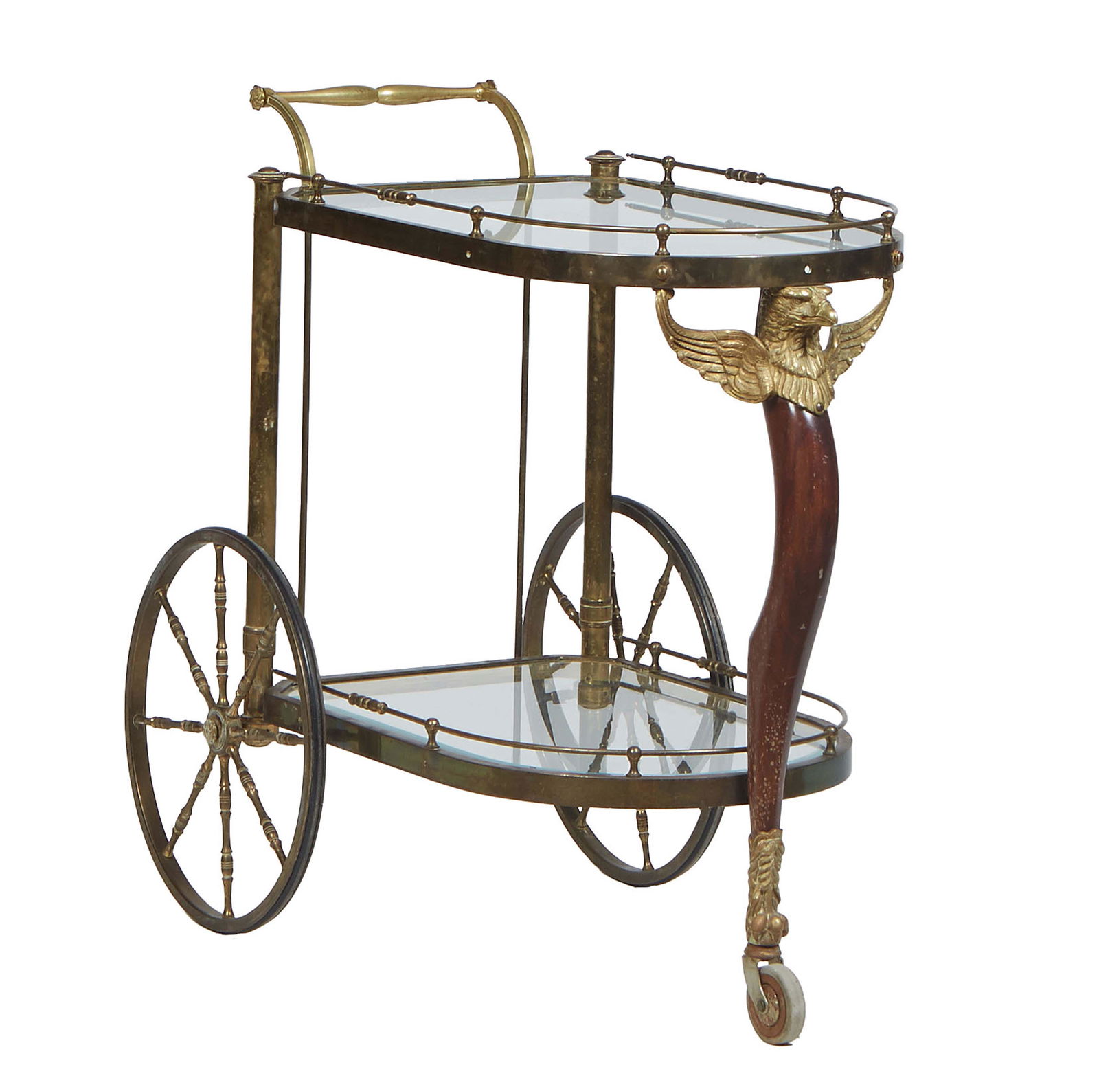 Empire Style Brass and Glass Rolling Bar Cart, 20th c. the arched glass top with a brass rail, on a (1 of 2)