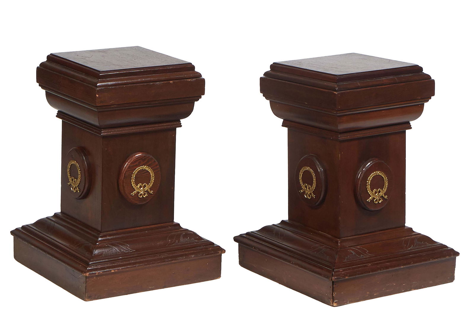 Pair of Bronze Ormolu Mounted Mahogany Low Pedestals, 20th c., the stepped square top on a square (1 of 1)
