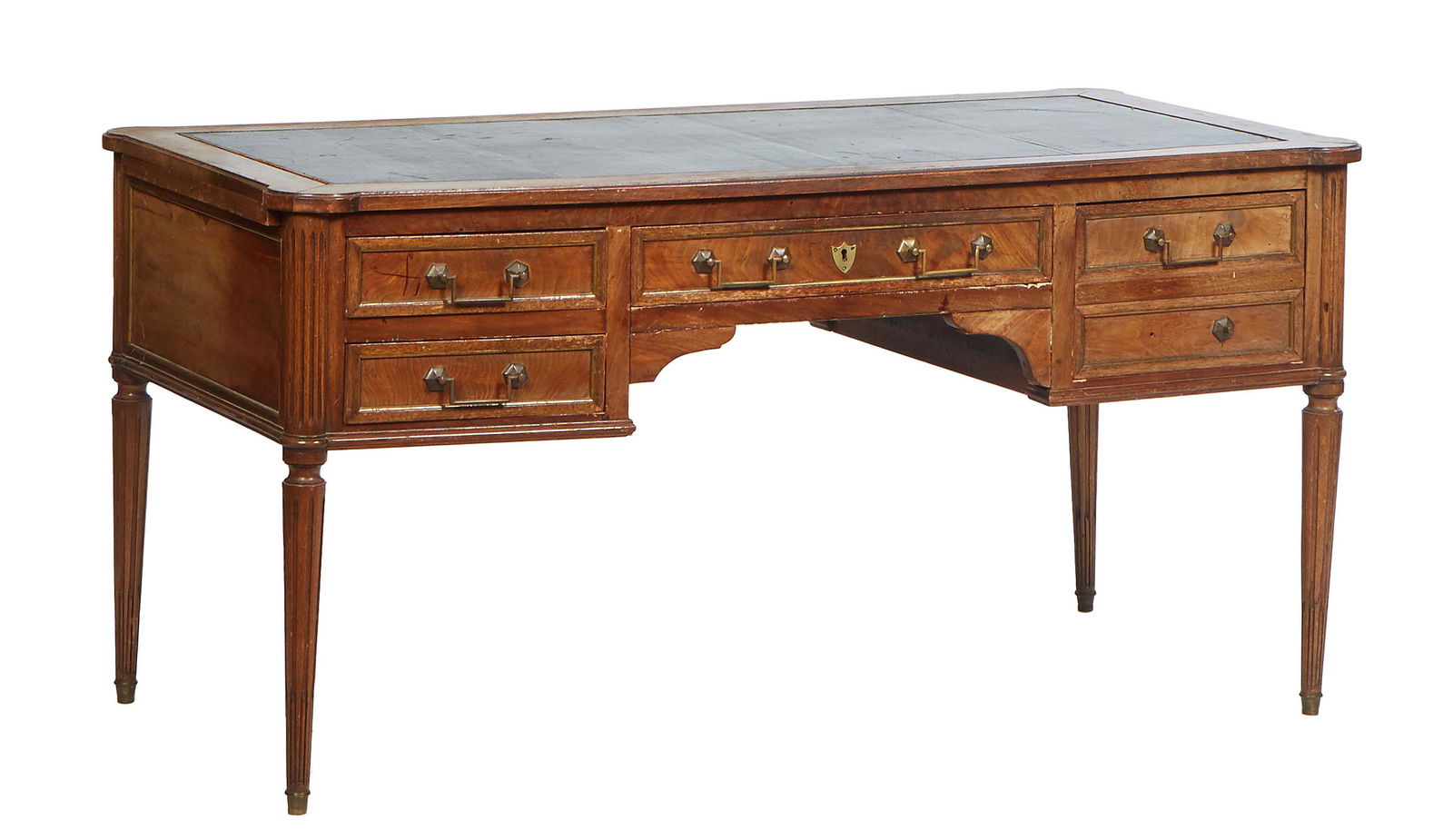 French Provincial Louis XVI Style Carved Walnut Desk, early 20th c., the gilt tooled black leather (1 of 1)