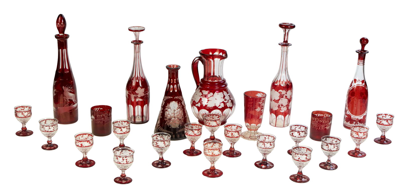 Group of Thirty Pieces Bohemian Cut-to-Clear Etched Ruby Glass Pieces, late 19th c., consisting of a (1 of 1)