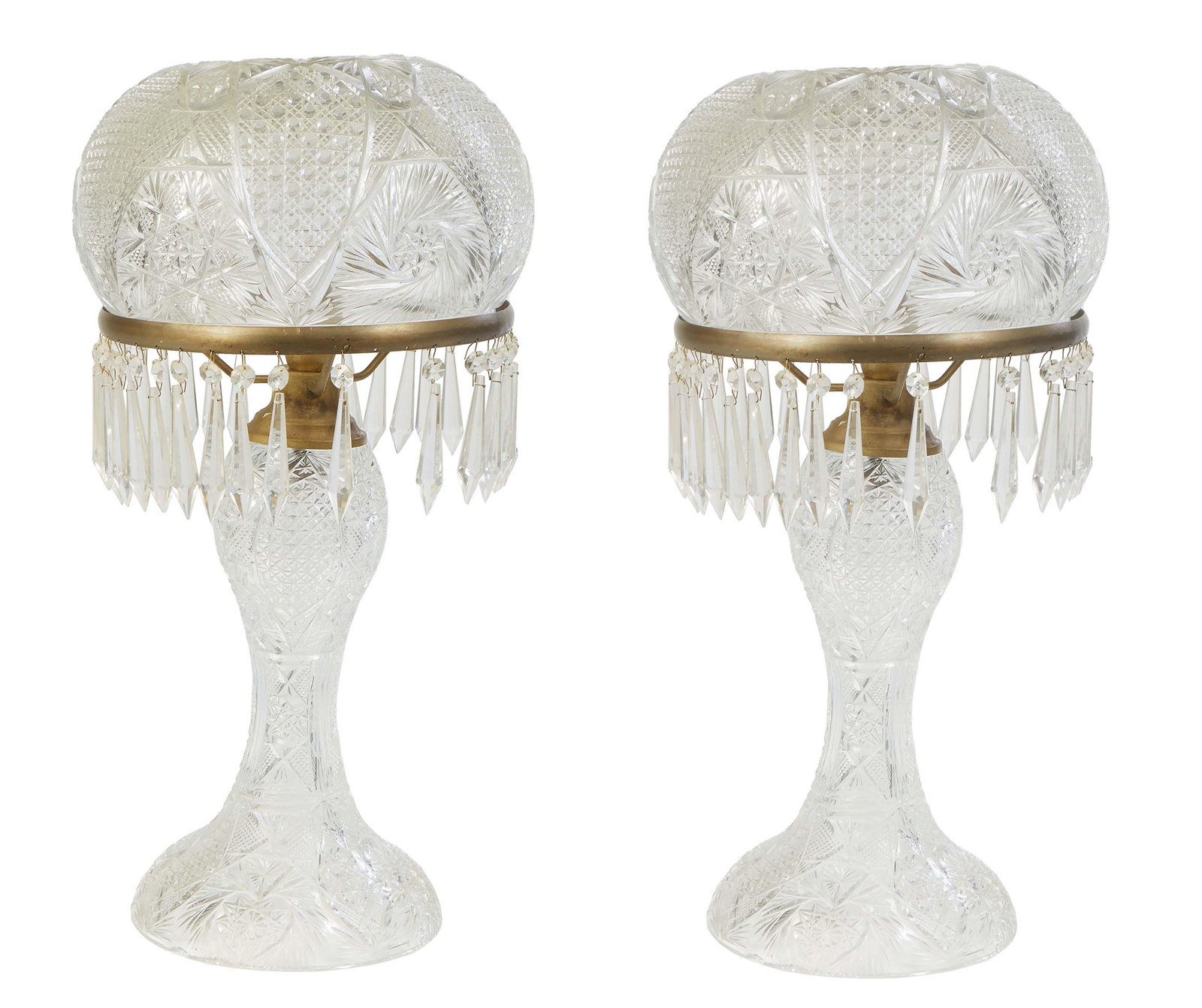 Pair of Cut Glass Mushroom Lamps, 20th c., hung with button and spear prisms, on baluster supports,: Pair of Cut Glass Mushroom Lamps, 20th c., hung with button and spear prisms, on baluster supports, H.- 26 in., Dia.- 13 in.