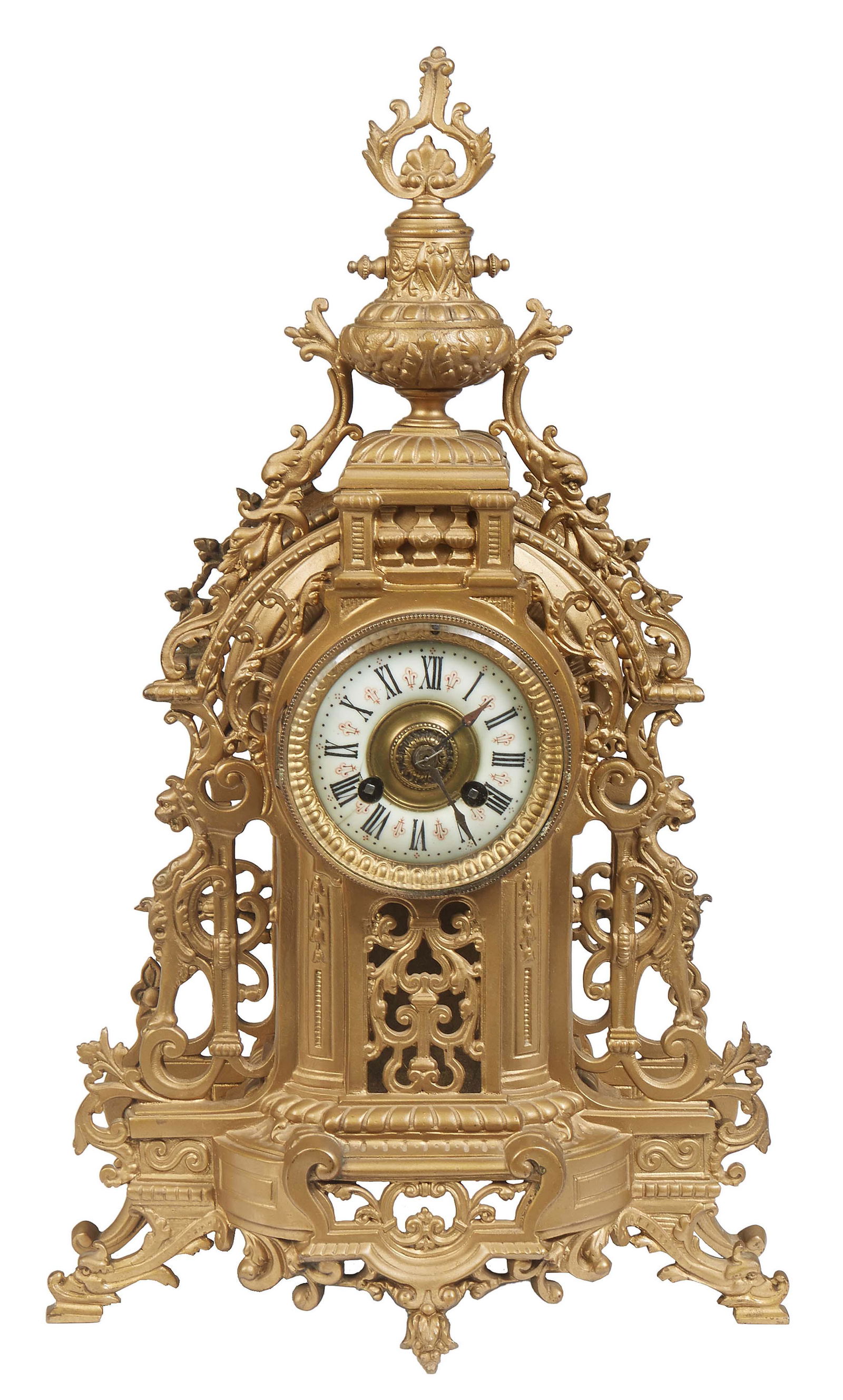 French Gilt Brass Mantel Clock, 19th c., with an urn and dolphin fish surmount, over a painted (1 of 1)