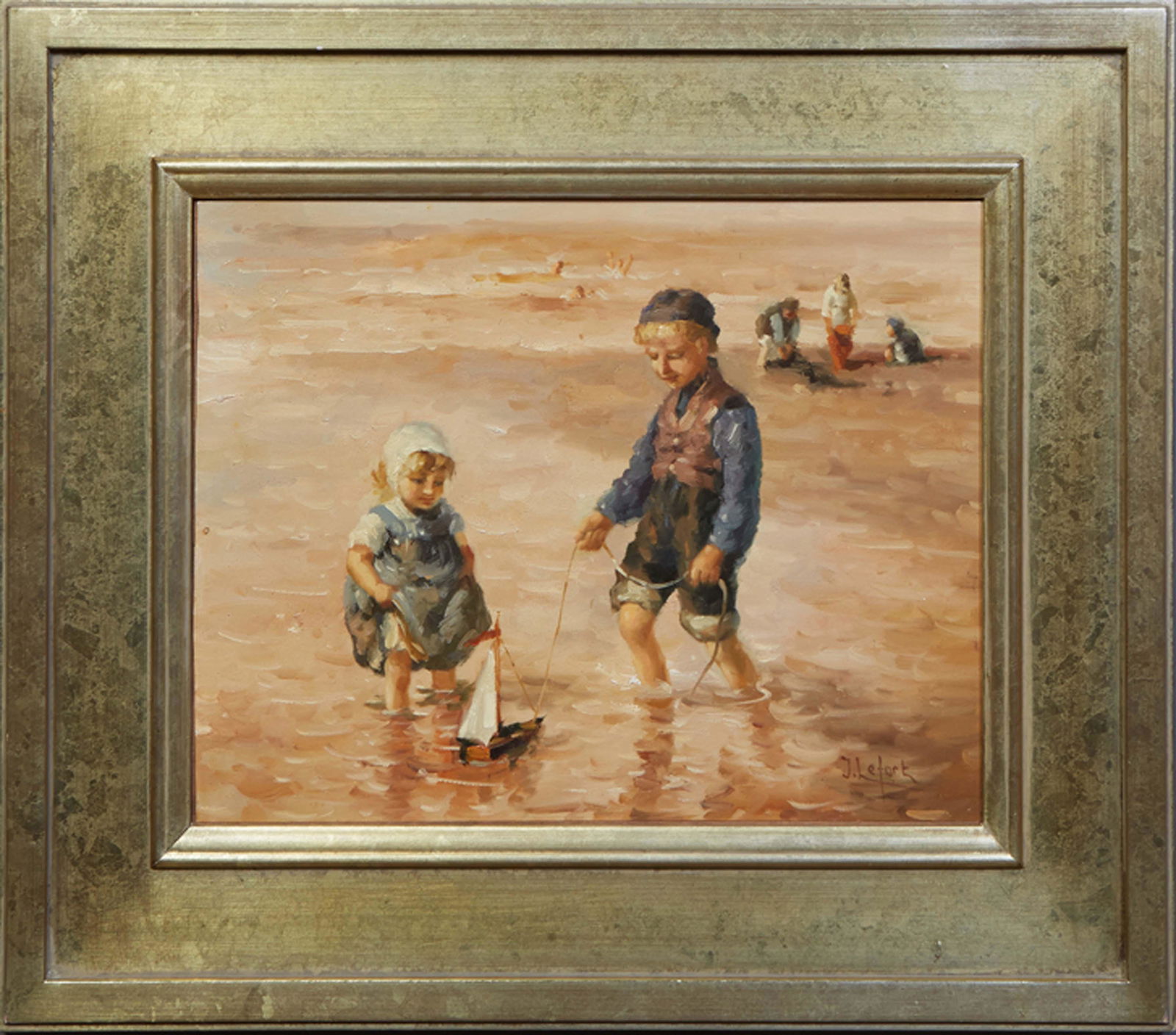 Jean Lefort (1948-, France), "Children Playing with a Toy Boat at the Beach," 20th c., oil on canvas: Jean Lefort (1948-, France), "Children Playing with a Toy Boat at the Beach," 20th c., oil on canvas laid to board, signed lower right, presented in a gilt frame, H.- 11 1/2 in., W.- 15 5/8 in., Frame