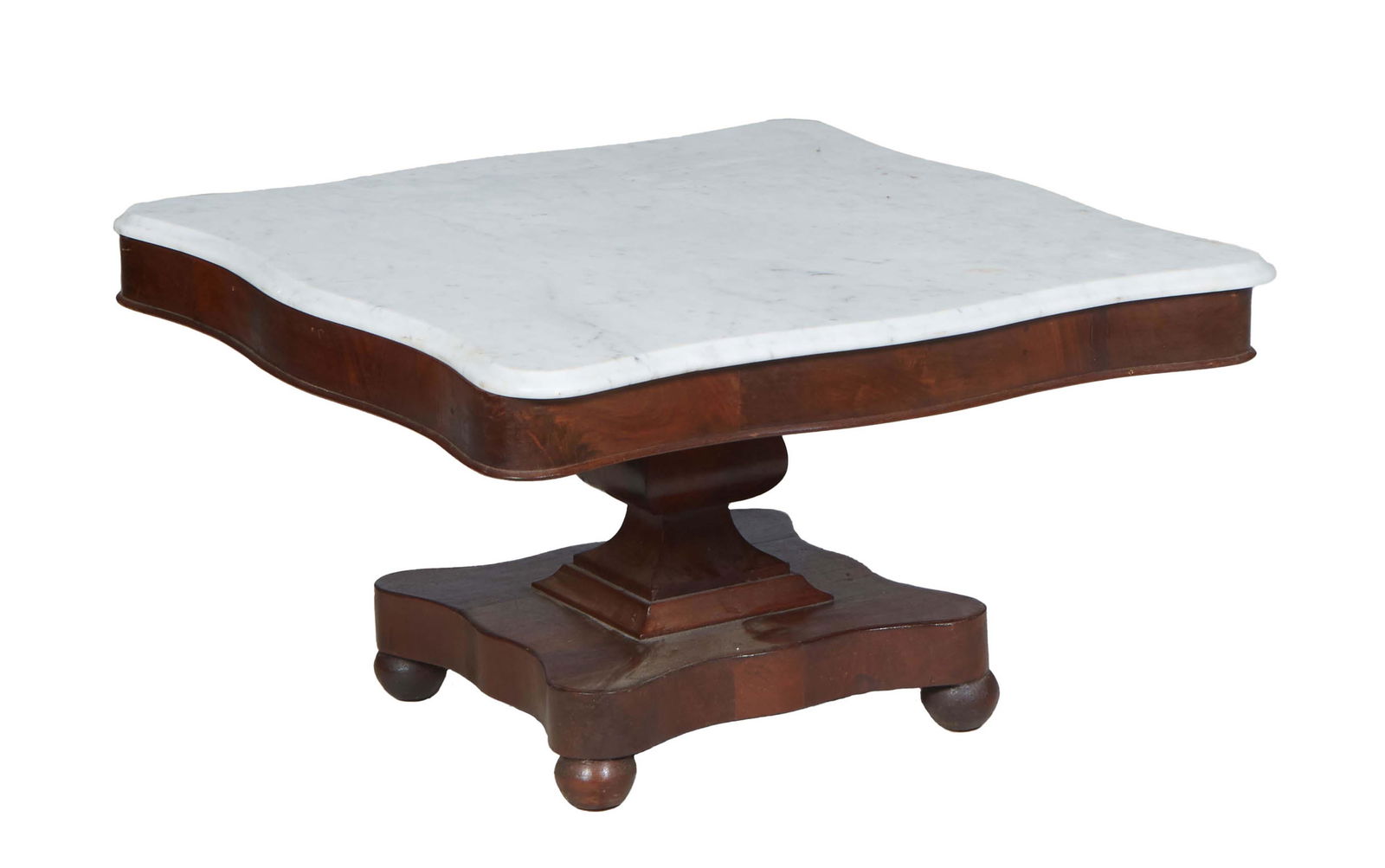 American Classical Caved Mahogany Marble Top Center Table,19th c., the square ogee edge rounded (1 of 1)