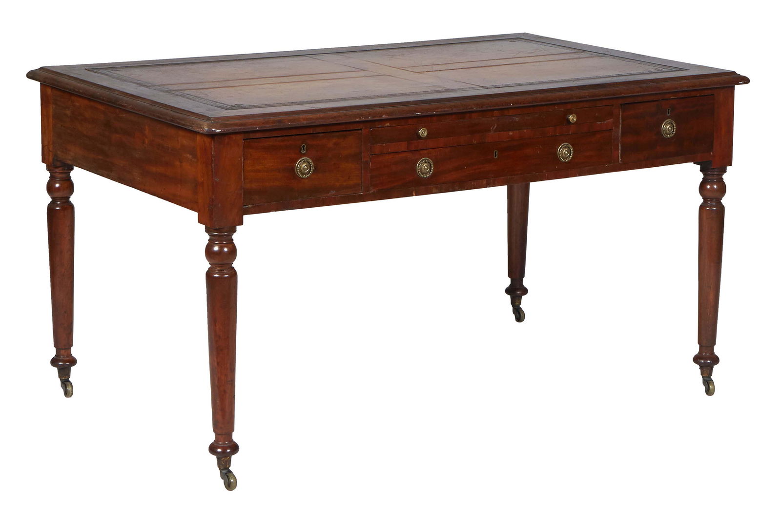 English Carved Mahogany Partner's Writing Table, early 20th c., the stepped rounded edge top with an (1 of 3)