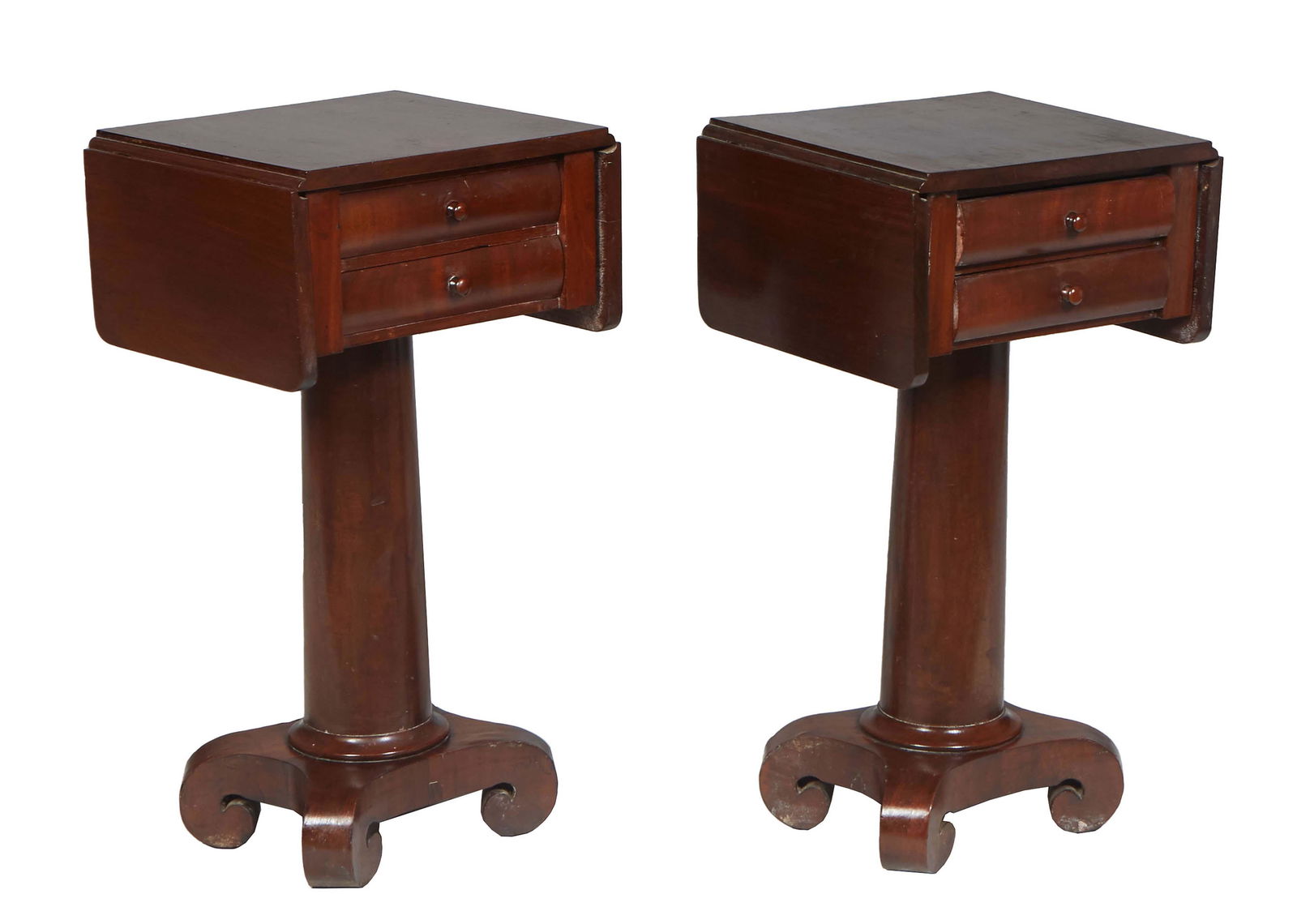 Pair of American Classical Carved Mahogany Drop Leaf Work Tables, 19th c., the rectangular top over (1 of 2)