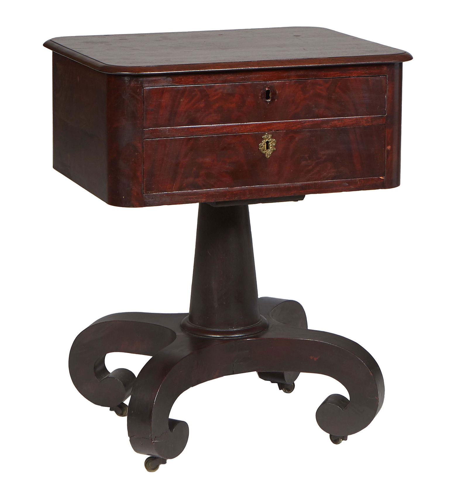 American Classical Carved Mahogany Work Table, 19th c., the rectangular top over a bank of two bowed (1 of 1)