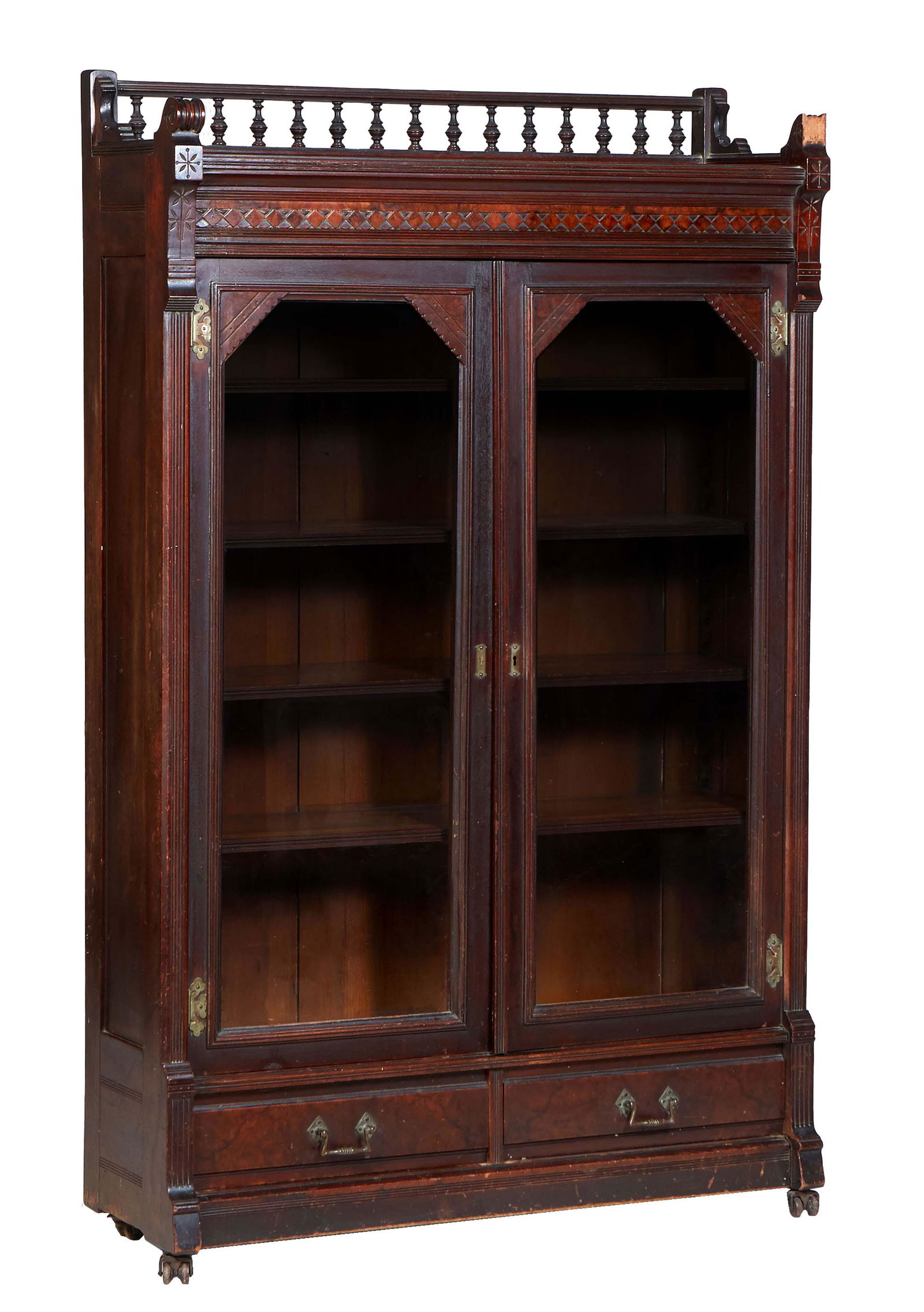 American Carved and Incised Walnut Bookcase, c. 1890, spindled back gallery over a front geometric (1 of 1)
