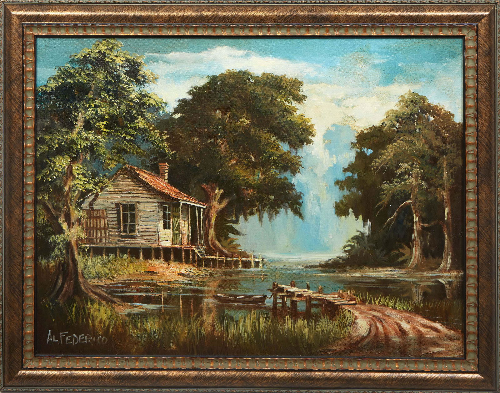 Al Federico (Louisiana), "Bayou Scene with Cabin," 20th c., oil on canvas, signed lower left, (1 of 4)