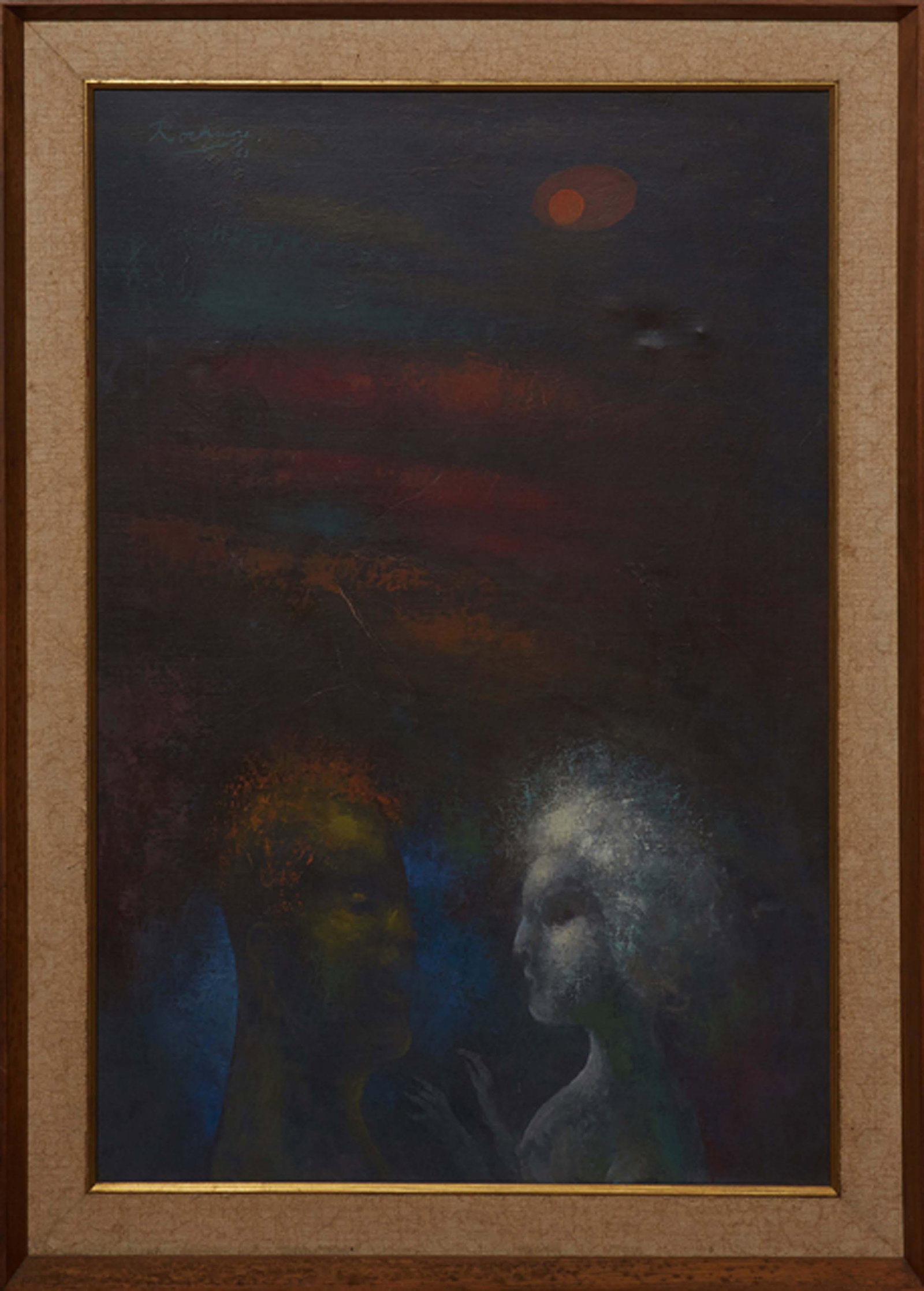 Noel Rockmore (1928-1995, New Orleans), "Moon Fantasy," 1965, acrylic on canvas, signed and dated: Noel Rockmore (1928-1995, New Orleans), "Moon Fantasy," 1965, acrylic on canvas, signed and dated upper left, presented in a wood frame, H.- 35 1/2 in., W.- 23 1/2 in.; Framed H.- 41 3/4 in., W.- 29 1