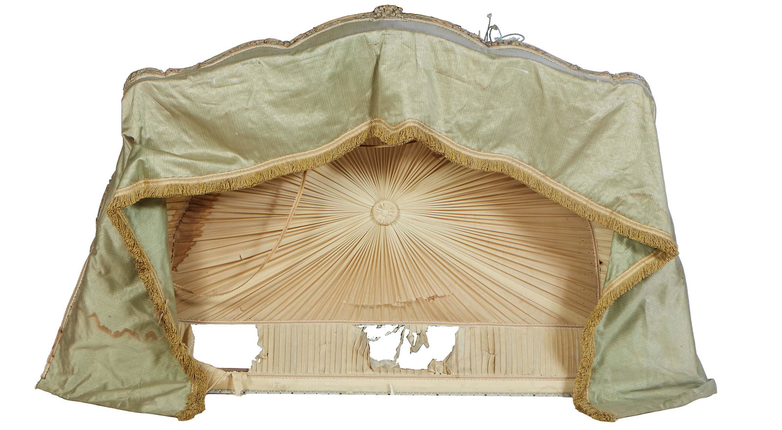 French Carved Beech Baldequin, 19th c., the floral carved bowed serpentine crest flanked by: French Carved Beech Baldequin, 19th c., the floral carved bowed serpentine crest flanked by serpentine sides, in green silk fabric with bullion fringe, H.- 8 in., W.- 66 in., D.- 41 1/2 in. Provenance