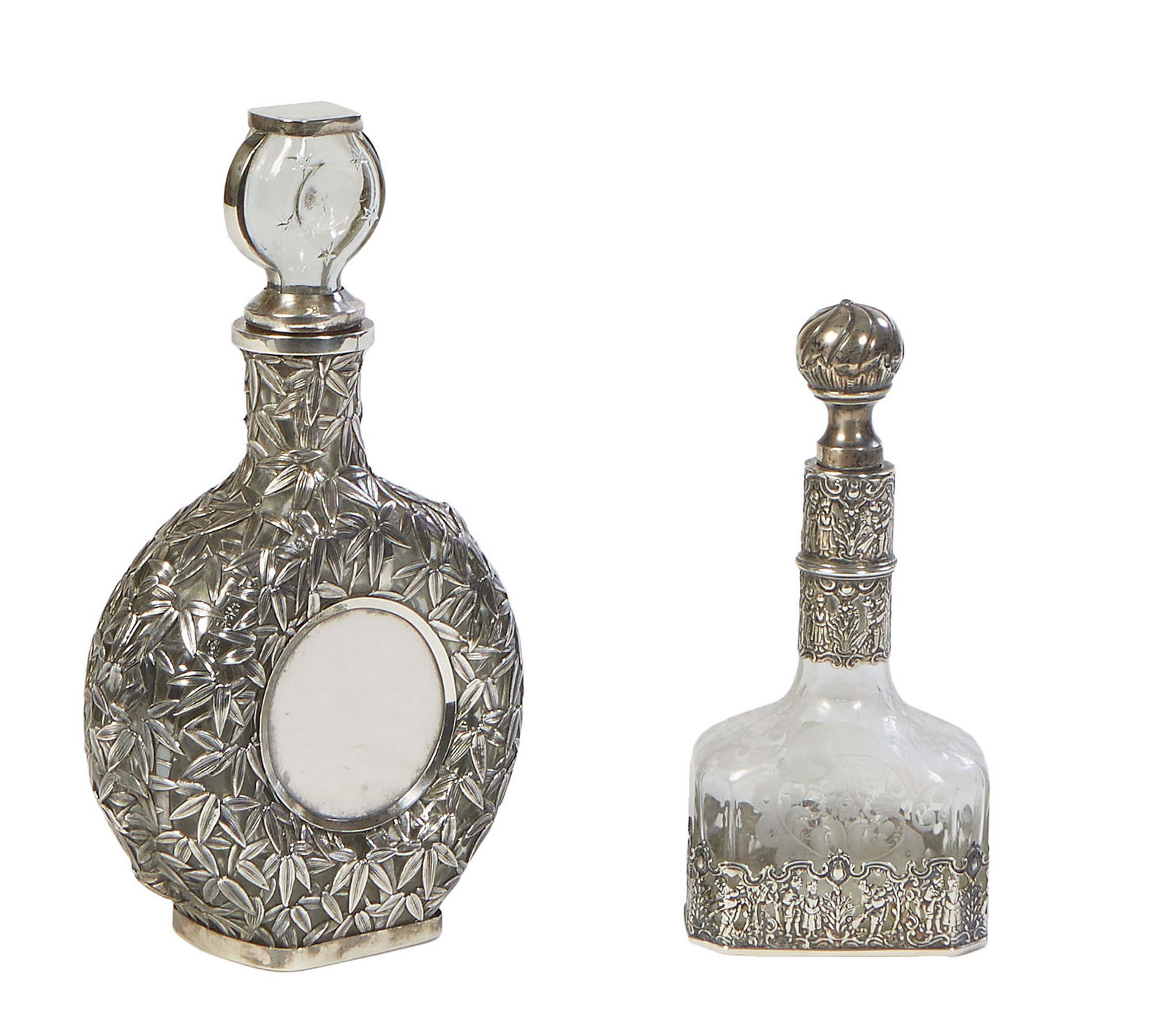 Two Sterling Overlay Brandy Decanters, 19th c., with sterling necks and stoppers, the larger glass (1 of 3)