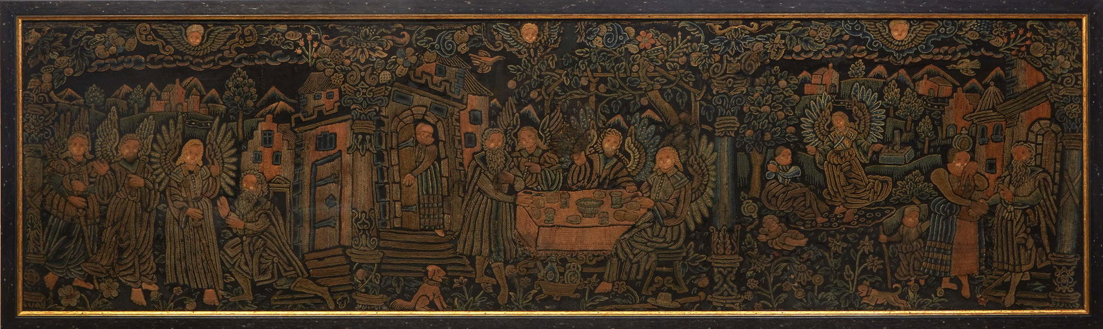 Dutch Embroidery, presented in an ebonized frame, H.- 17 1/2 in., W.- 64 in., Framed H.- 20 1/4 in.,: Dutch Embroidery, presented in an ebonized frame, H.- 17 1/2 in., W.- 64 in., Framed H.- 20 1/4 in., W.- 66 3/4 in.