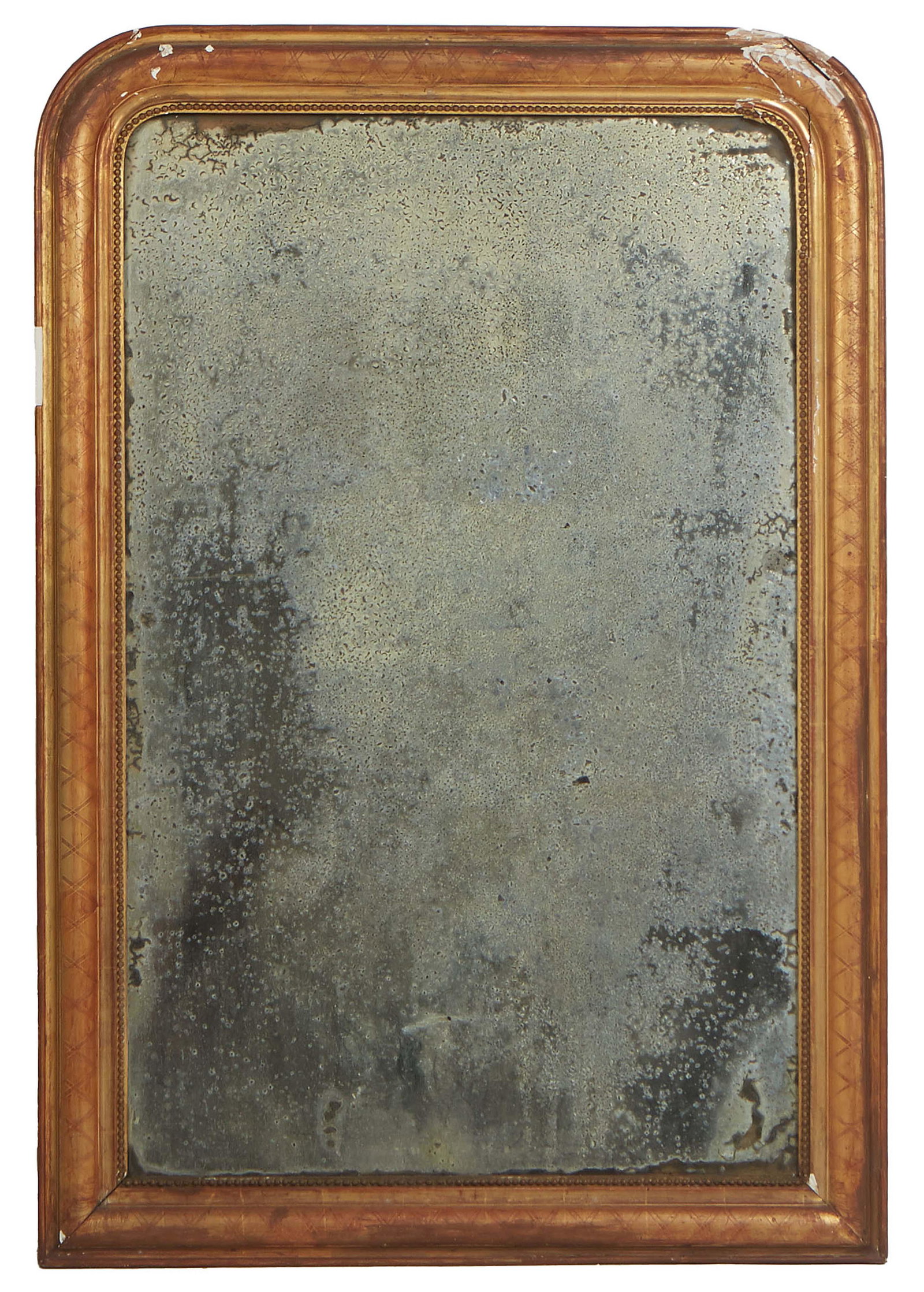FrenchLouis Philippe Gilt and Gesso Overmantel Mirror, 19th c., the arched incised rounded frame: FrenchLouis Philippe Gilt and Gesso Overmantel Mirror, 19th c., the arched incised rounded frame around a beaded liner and an arched plate, H.- 51 in., W.- 36 in., D.- 1 1/2 in. Provenance: from the E