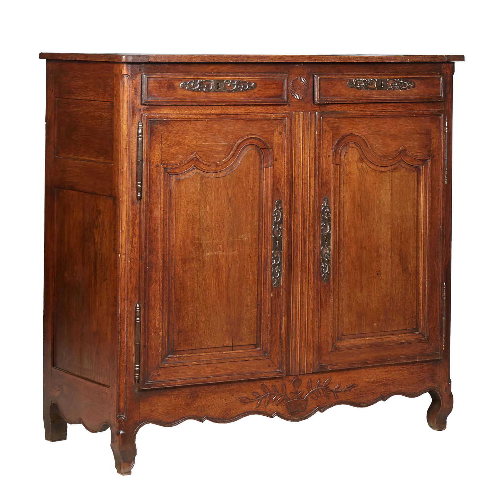 French Provincial Carved Oak Sideboard, 19th c., the ogee edge rounded corner top over two setback (1 of 1)