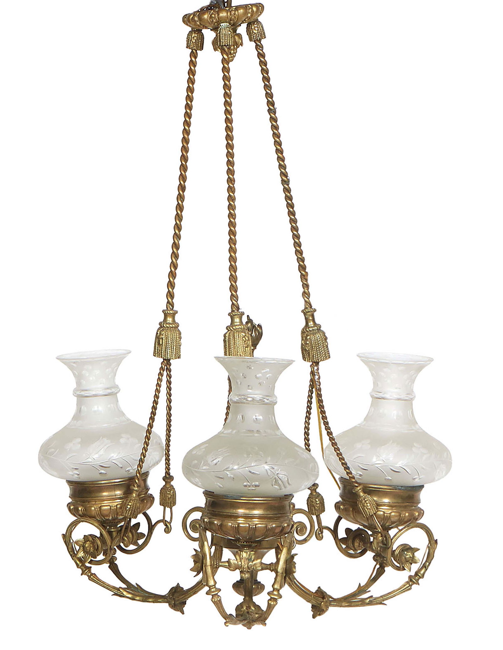 Gilt Bronze Three Light Gasolier, 19th c., possibly by Cornelius and Baker, the ceiling cap (1 of 2)