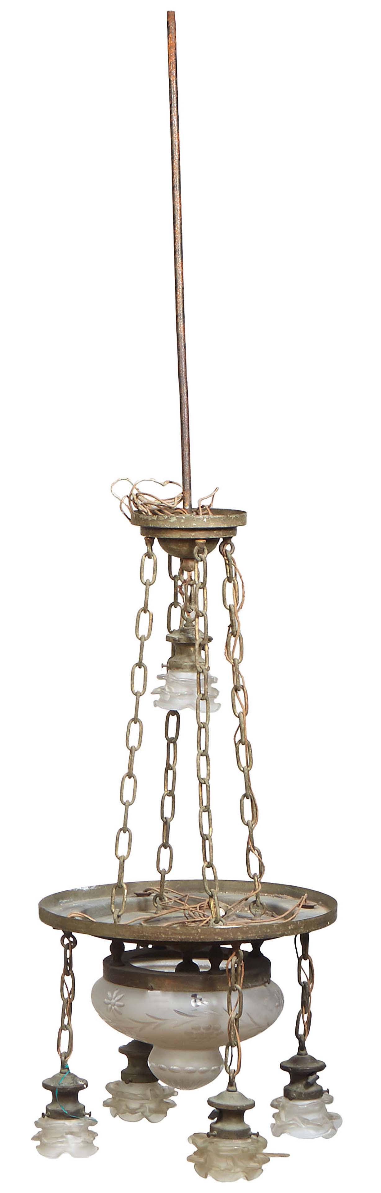 American Brass and Glass Six Light Chandelier, c. 1930, the canopy with a chain suspending a single (1 of 1)