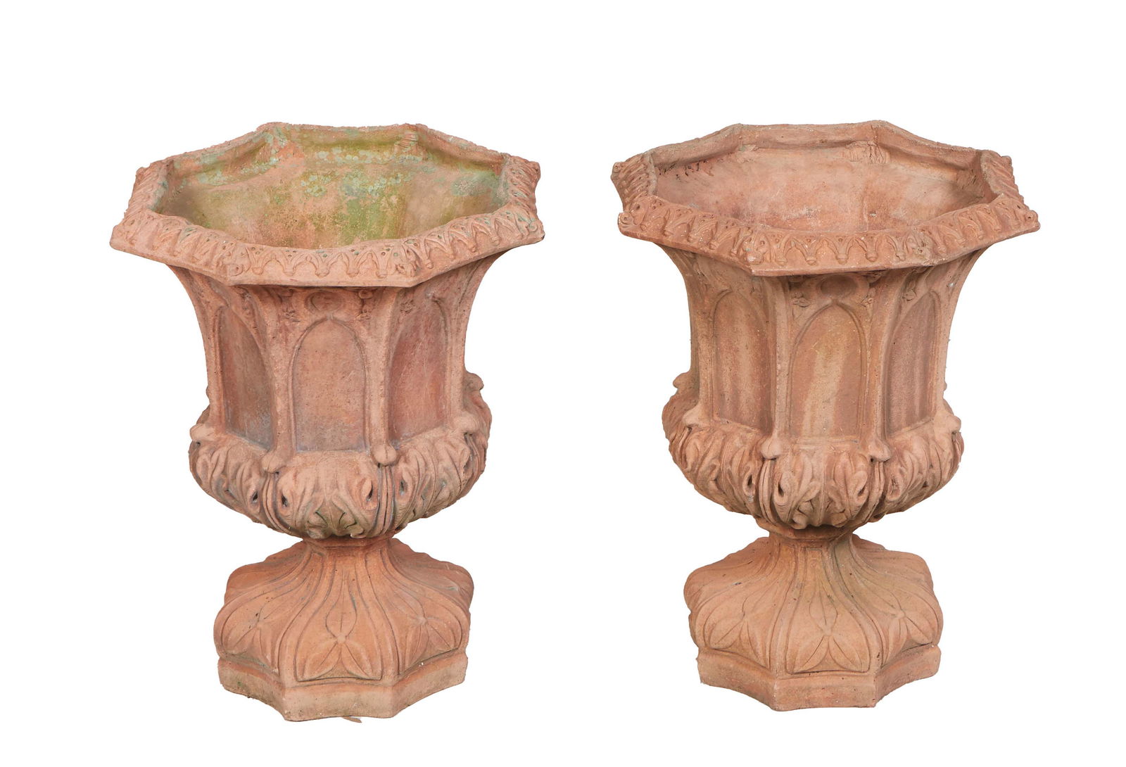 Pair of Gothic Style Terracotta Octagonal Planters, 20th c., the Gothic arched relief rim over (1 of 1)