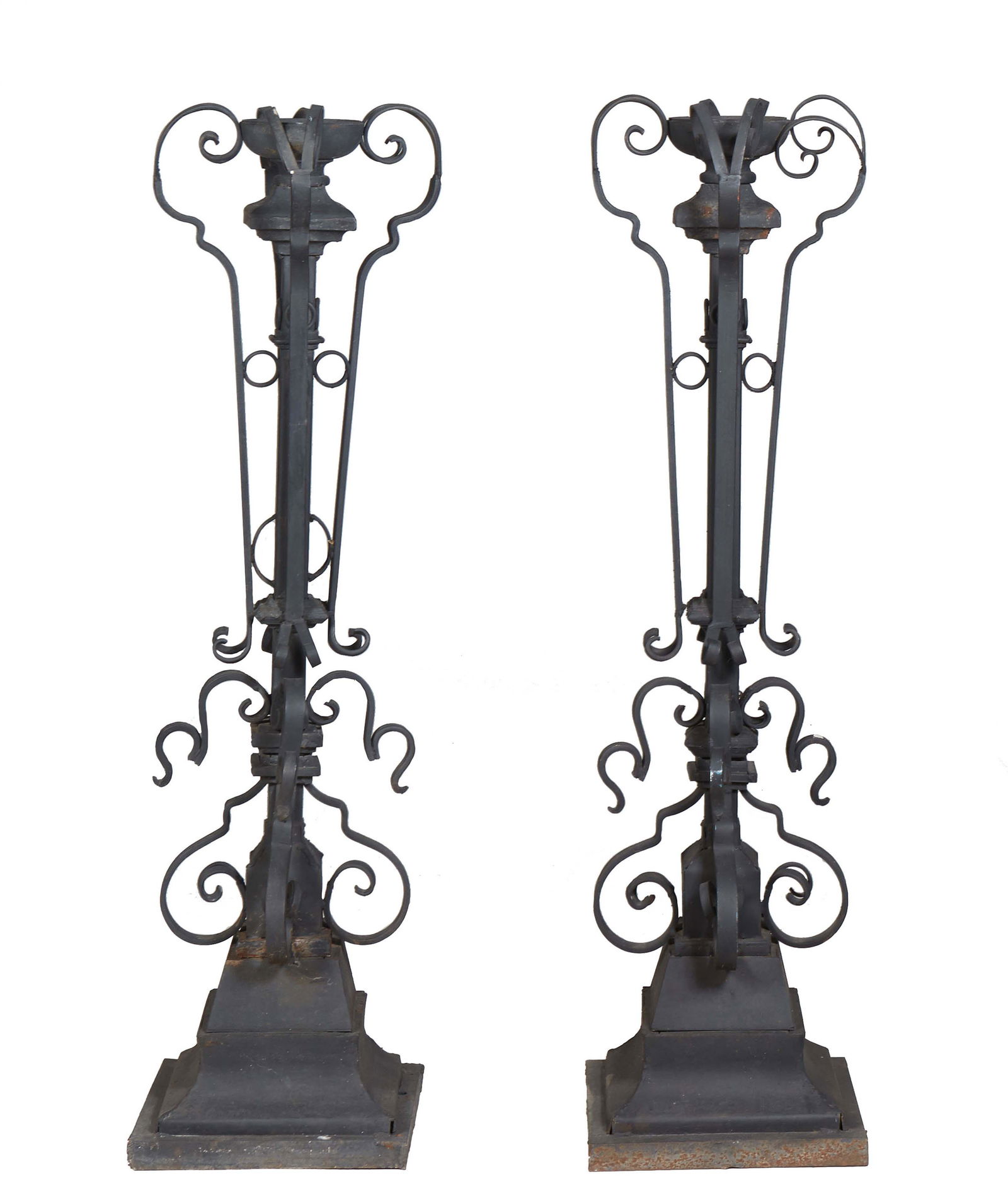 Pair of Wrought Iron Torcheres, 19th c., the torch form center on a square support flanked by (1 of 1)