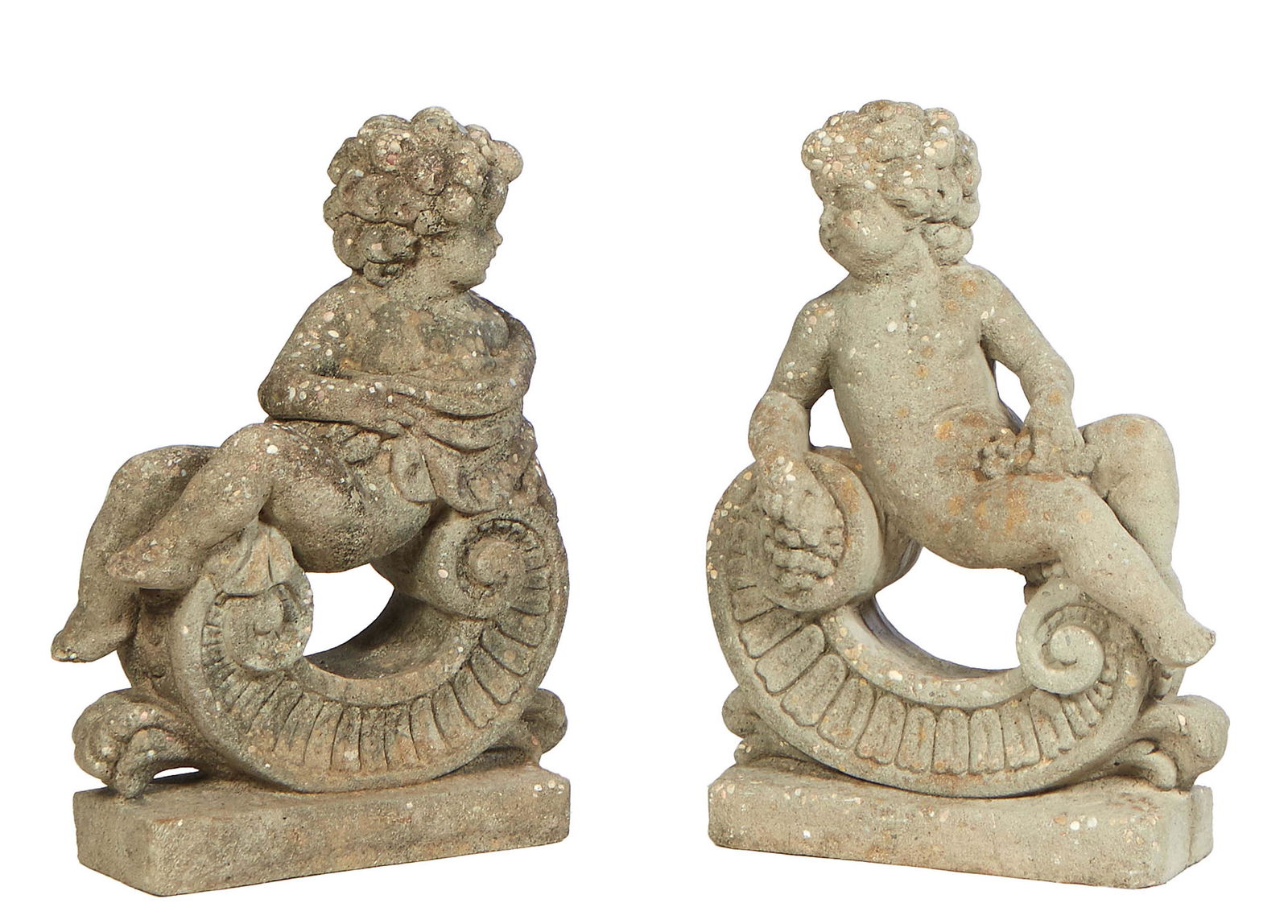 Pair of Cast Stone Allegorical Putti Garden Figures, 20th c., reclining on scrolled brackets, (1 of 1)