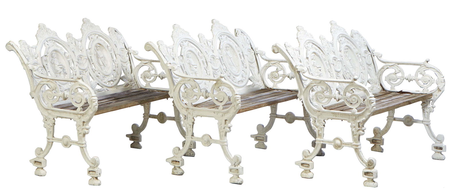 Three Matching Antique Style Cast Aluminum Garden Benches, 20th c., the canted relief figural double (1 of 1)
