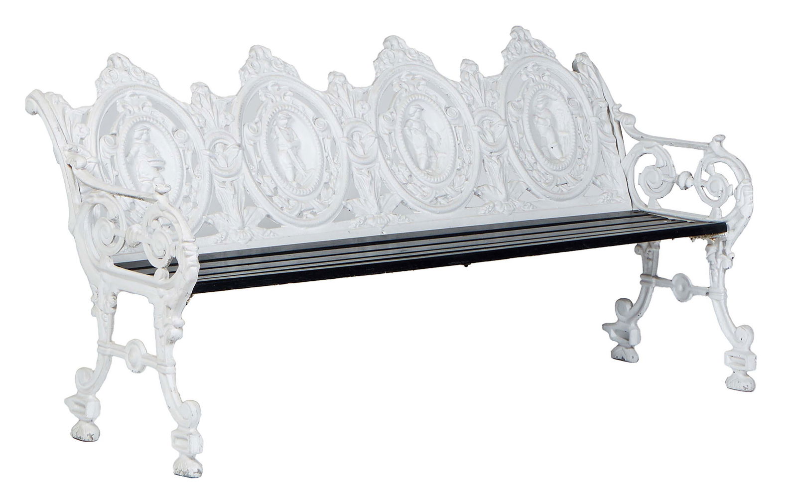 Cast Aluminum Four Seat Garden Bench, 20th c., with four pierced medallion backs over a slatted wood (1 of 1)