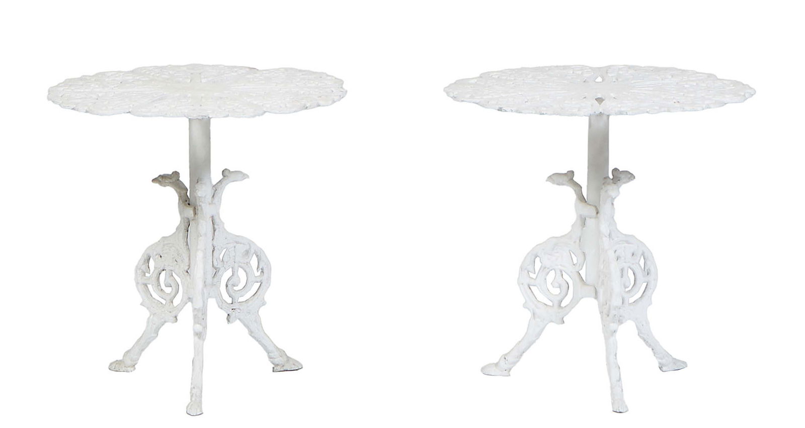 Pair of Cast Aluminum Patio Side Tables, the pierced scrolled circular top on a cylindrical support (1 of 1)