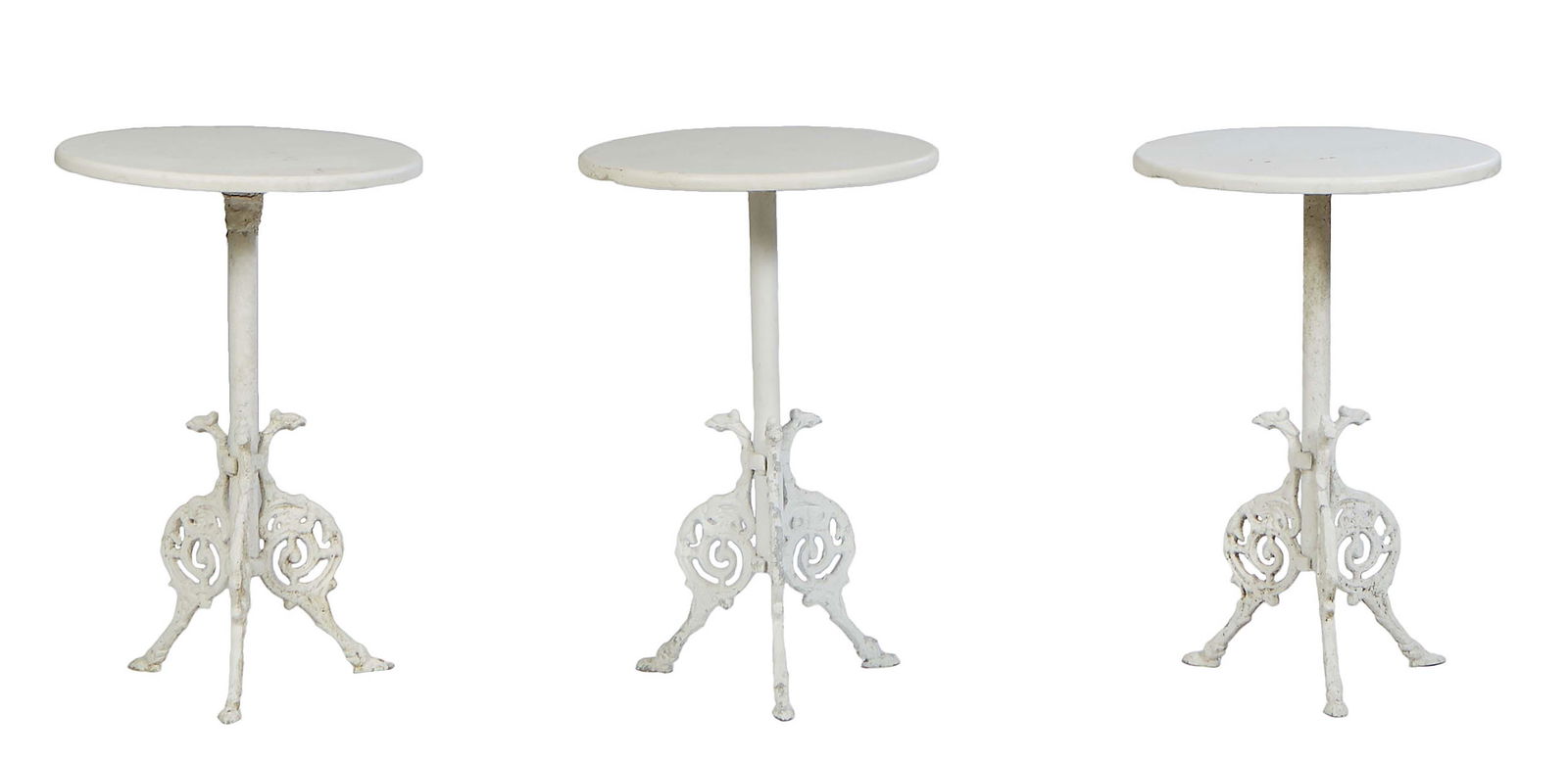 Three Cast Aluminum Marble Top Side Tables, 20th c., the circular white marble on a cylindrical (1 of 1)