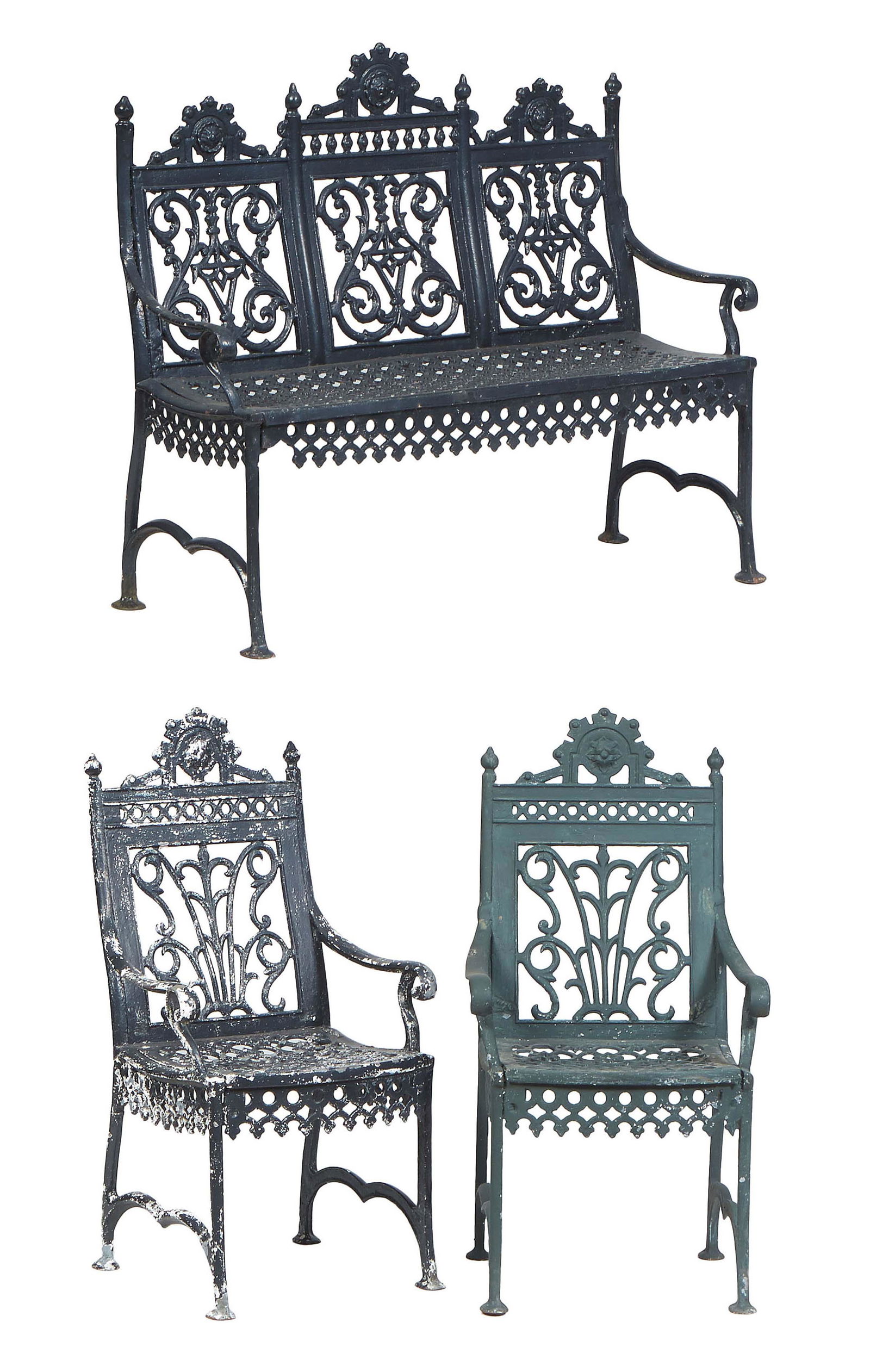 Three Piece Cast Iron Garden Set, 20th c., consisting of a three seat bench and two matching (1 of 13)