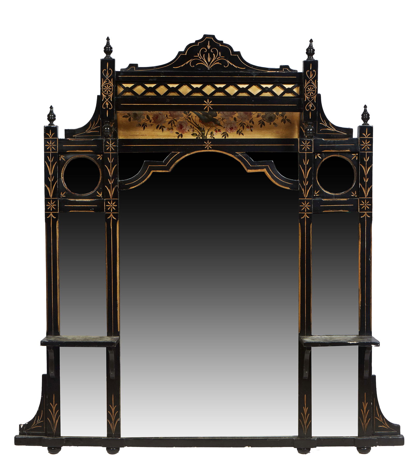 English Aesthetic Carved Ebonized Gilt Incised Overmantel Mirror, c. 1880, with an incised arched (1 of 7)