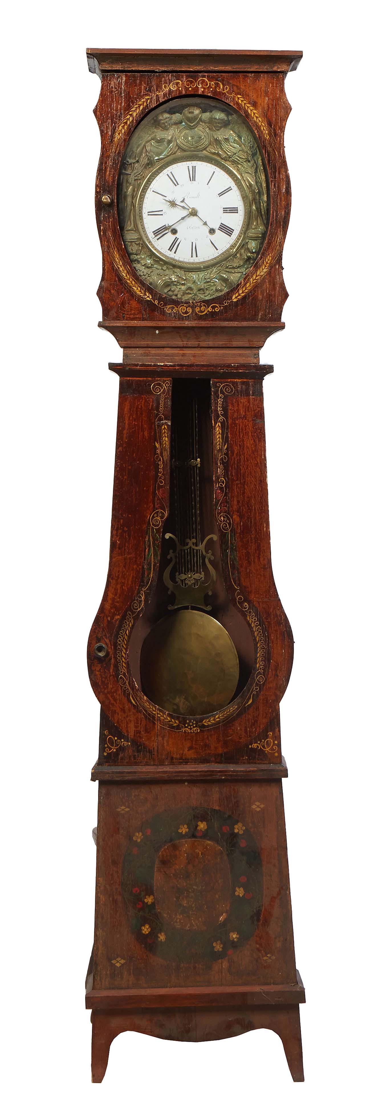 French Provincial Faux Bois Carved Pine Tallcase Clock, 19th c., the ogee edge crown over a brass (1 of 1)