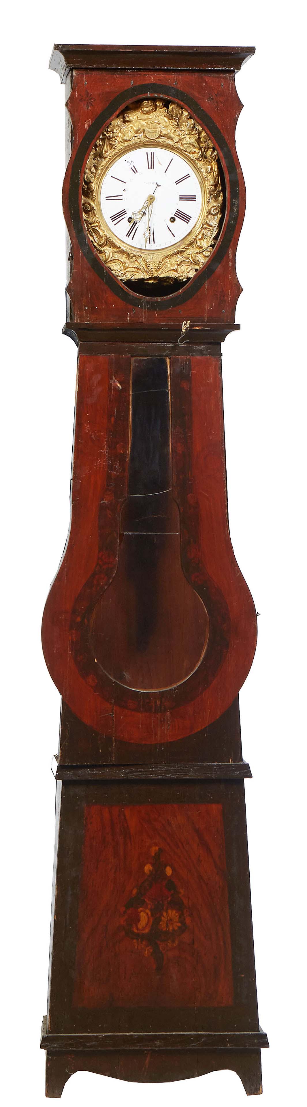 French Provincial Faux Bois Pine Tallcase Clock, 19th c., the brass repousse face around an enamel (1 of 1)