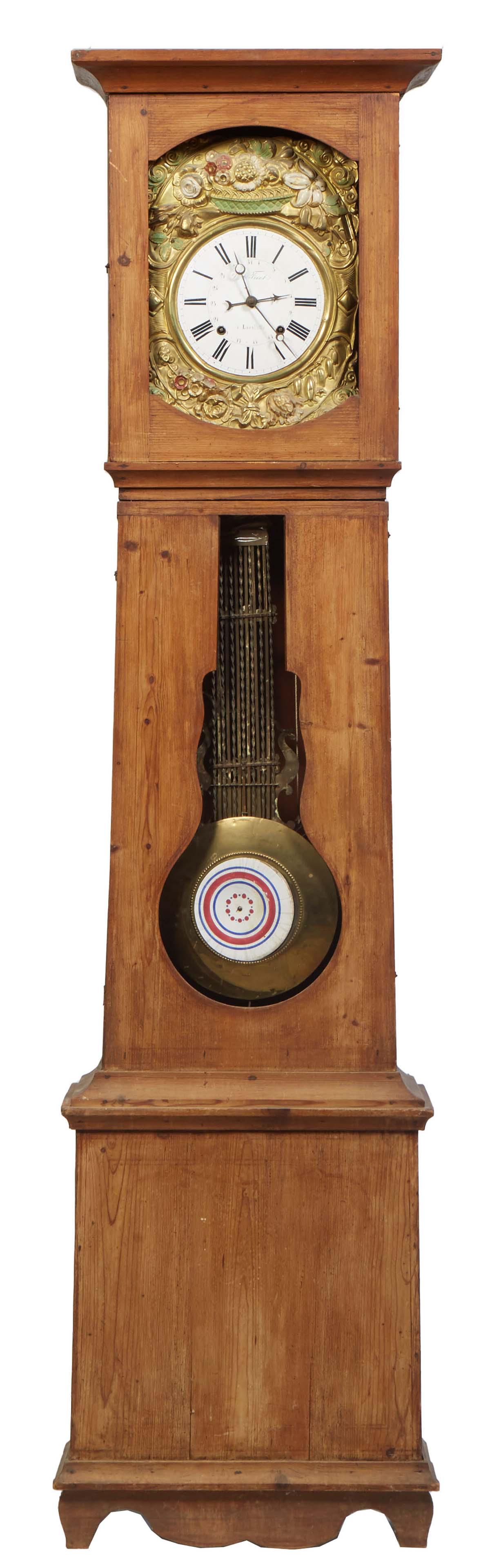 French Provincial Carved Pine Tallcase Clock, 19th c., thr ogee edge crown over a brass repousse (1 of 1)