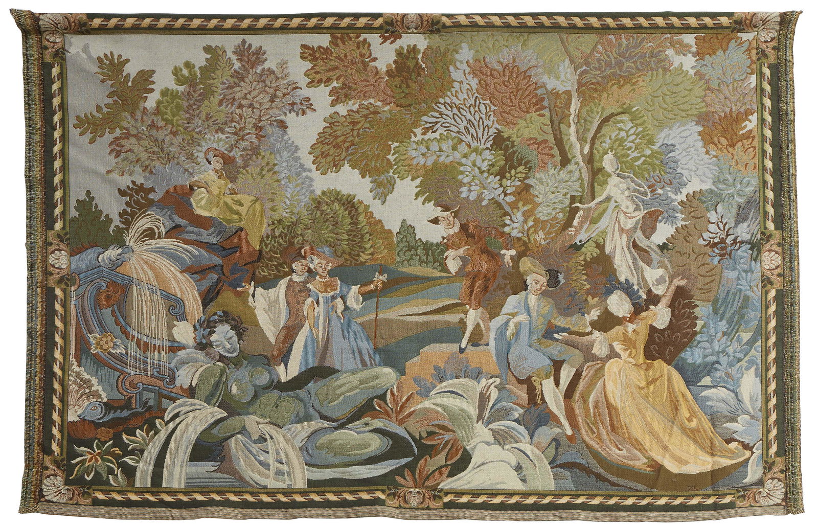 French Woven Tapestry, 20th c., depicting lovers in a garden, mounted on a wood hanging strip, H.- (1 of 1)