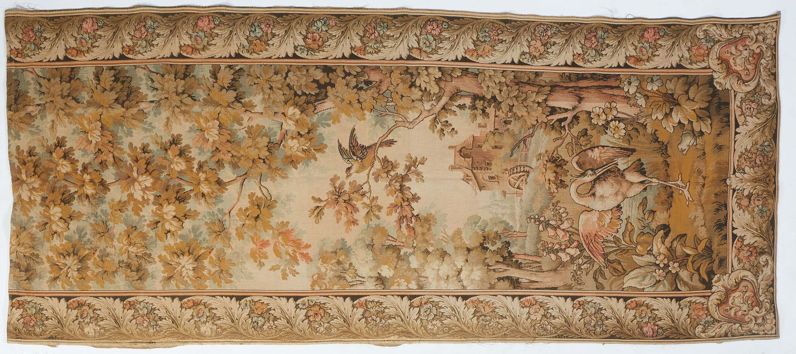 Tall French Machine Made Tapestry, of birds in a landscap in front of a mill, 4' x 9' 5. (1 of 1)