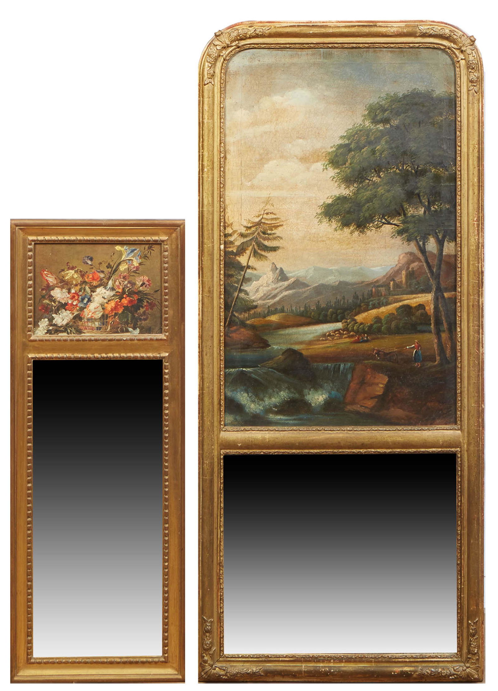 Two Diminutive French Carved Gilt Beech and Gesso Trumeau Mirrors, late 19th c., the smaller with an: Two Diminutive French Carved Gilt Beech and Gesso Trumeau Mirrors, late 19th c., the smaller with an oil still life of flowers above a rectangular plate; the larger with an arched oil of a waterfall a