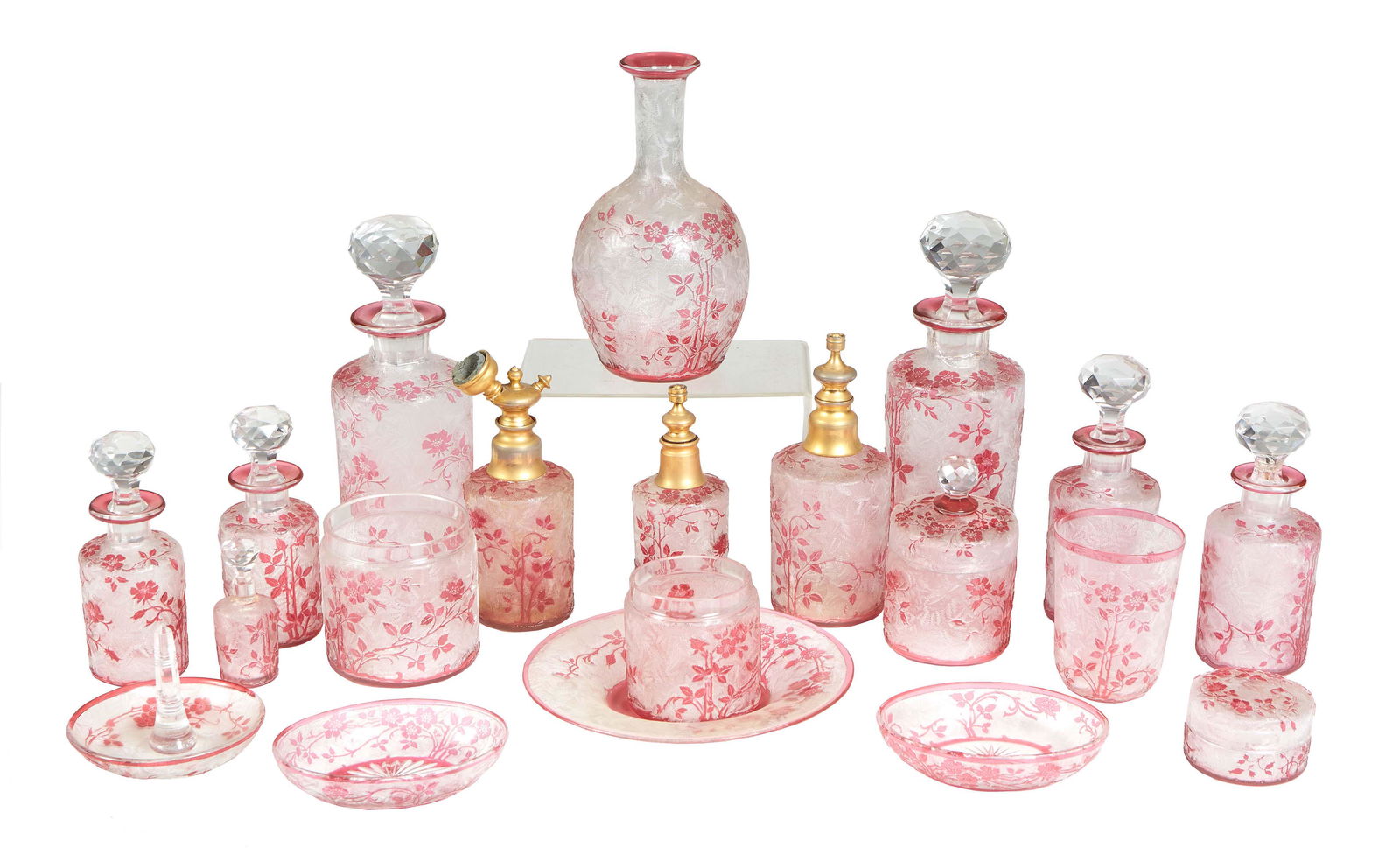 French Twenty Piece Frosted St. Louis Cameo Glass Vanity Set, early 20th c., with relief red floral (1 of 1)