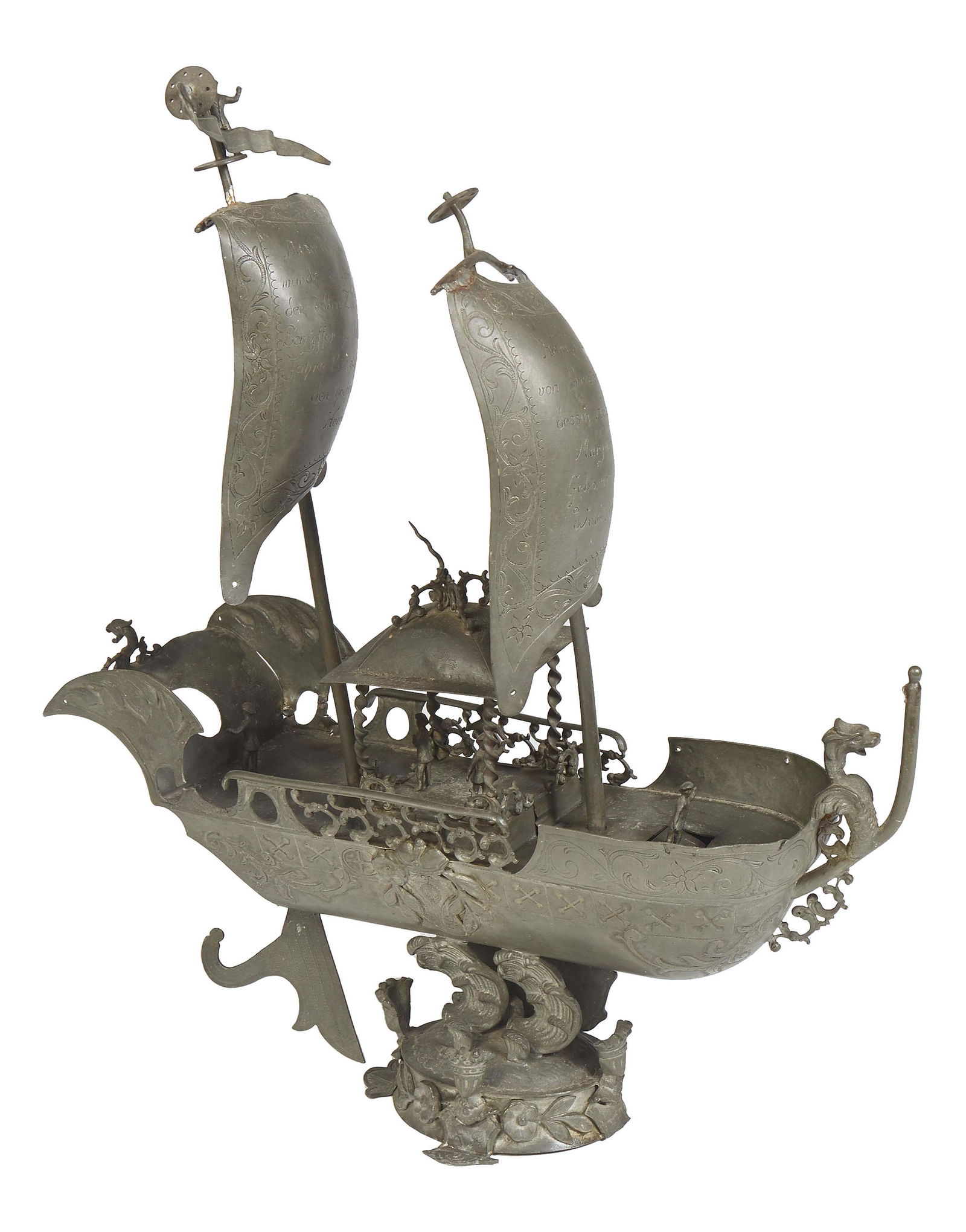 Unusual Pewter Model of a Dutch Ship, 19th c., with two sails unfurled, the deck with small sailor (1 of 4)