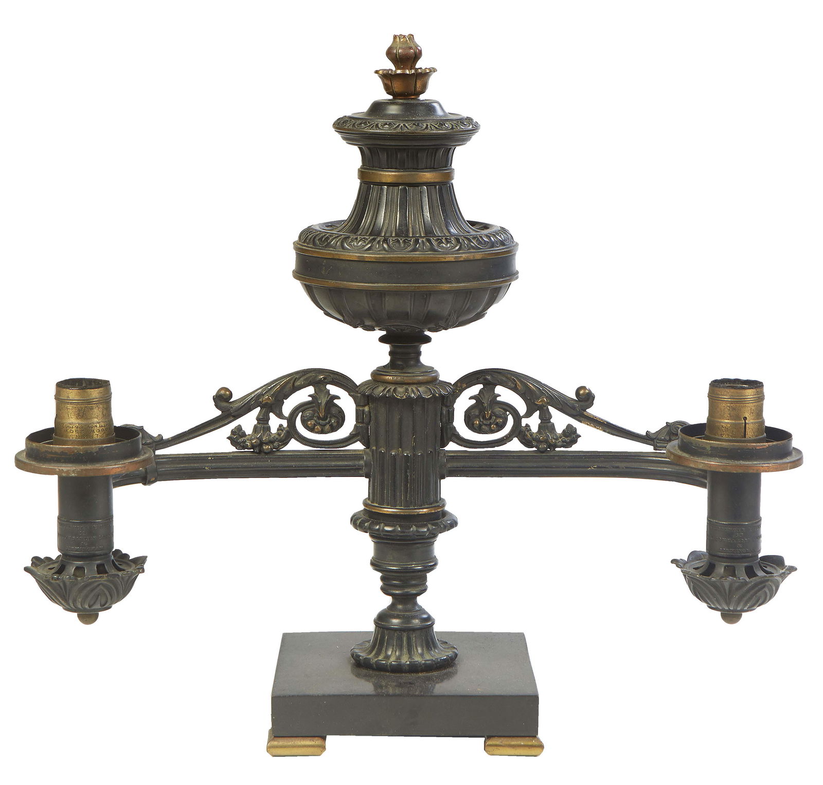 American Gilt and Patinated Bronze Double Argand Lamp, 19th c., with an urn form front issuing two (1 of 8)