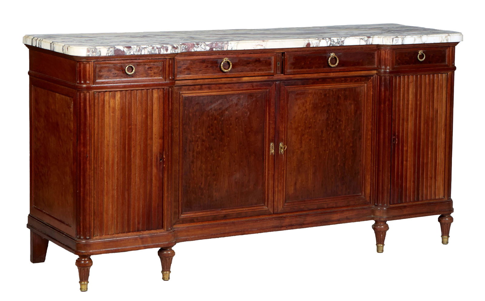 French Louis XVI Style Carved Walnut Marble Top Sideboard, 20th c. the thick highly figured gray and (1 of 17)