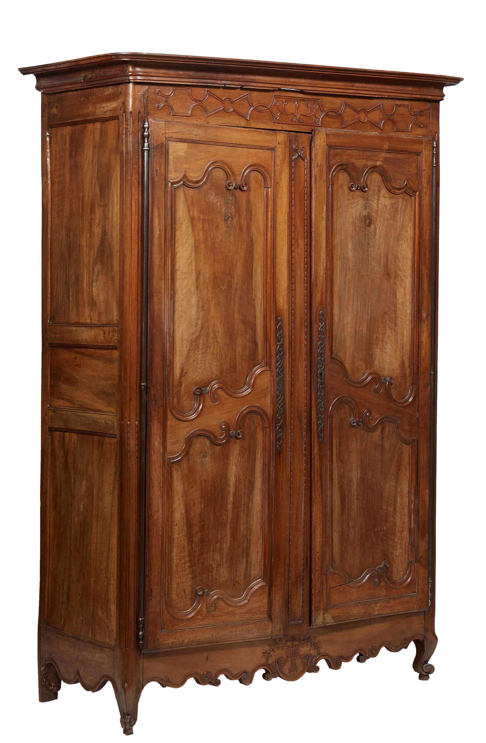 French Provincial Carved Walnut Louis XV Style Armoire, 19th c., the stepped rounded corner crown (1 of 1)