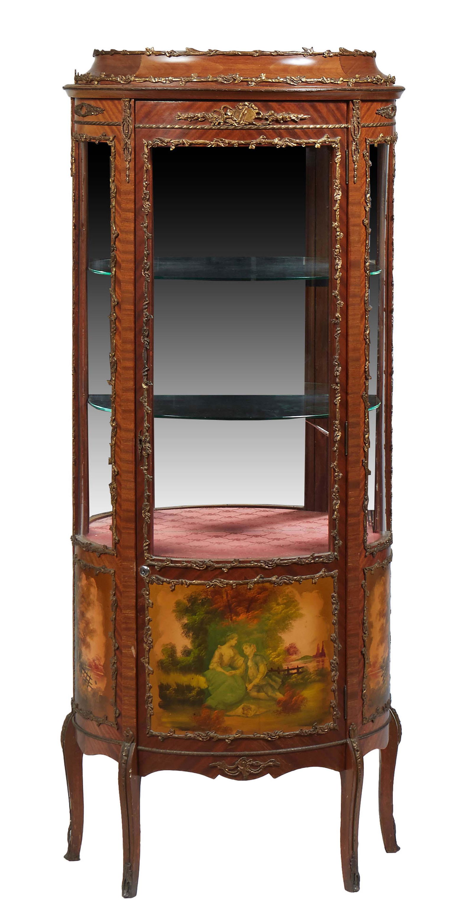 Louis XV Style Ormolu Mounted Carved Mahogany Vitrine, 20th c., the stepped top over a door with a (1 of 3)