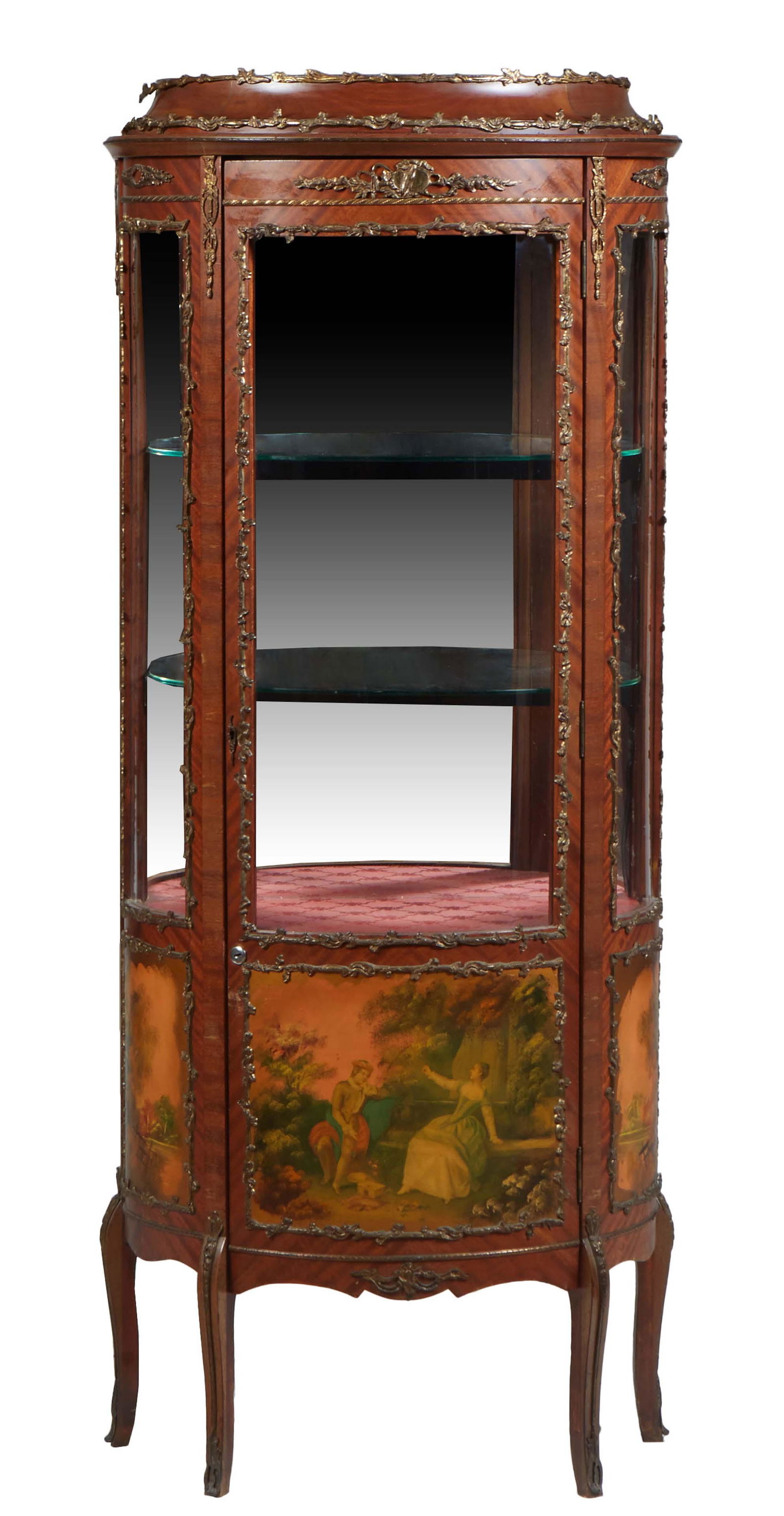 Louis XV Style Ormolu Mounted Carved Mahogany Vitrine, 20th c., the stepped top over a door with a (1 of 3)
