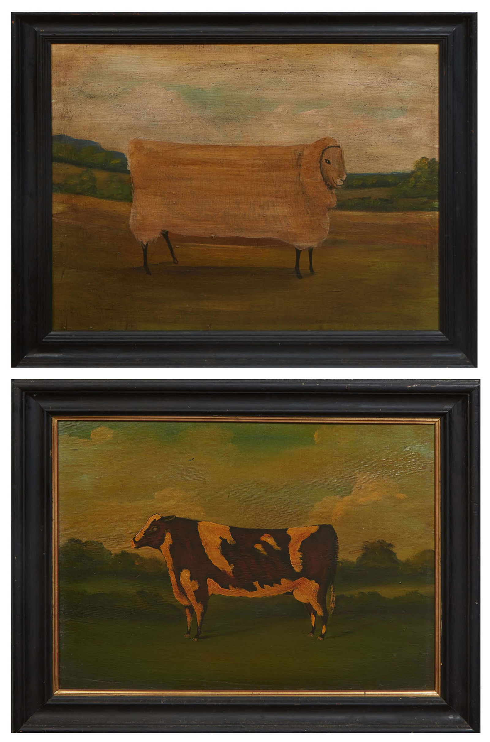 Pair of English Primitive Paintings, "Cow" and "Sheep," 20th c., pair of oils on board, unsigned, (1 of 7)