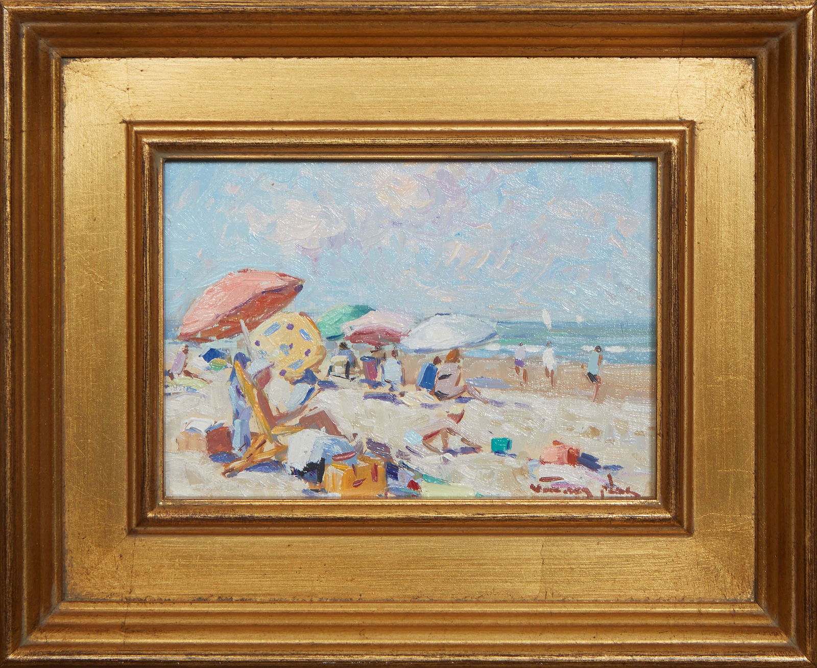 Niek Van der Plas (Netherlands, 1954-), "Beach Scene," 21st c., oil on board, signed lower right, (1 of 5)