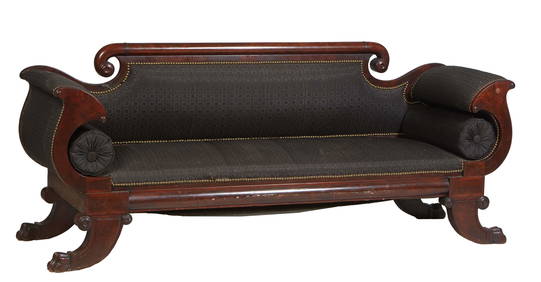 American Carved Mahogany Late Classical Paw Foot Settee, 19th c., with a scrolled crest rail over an (1 of 1)