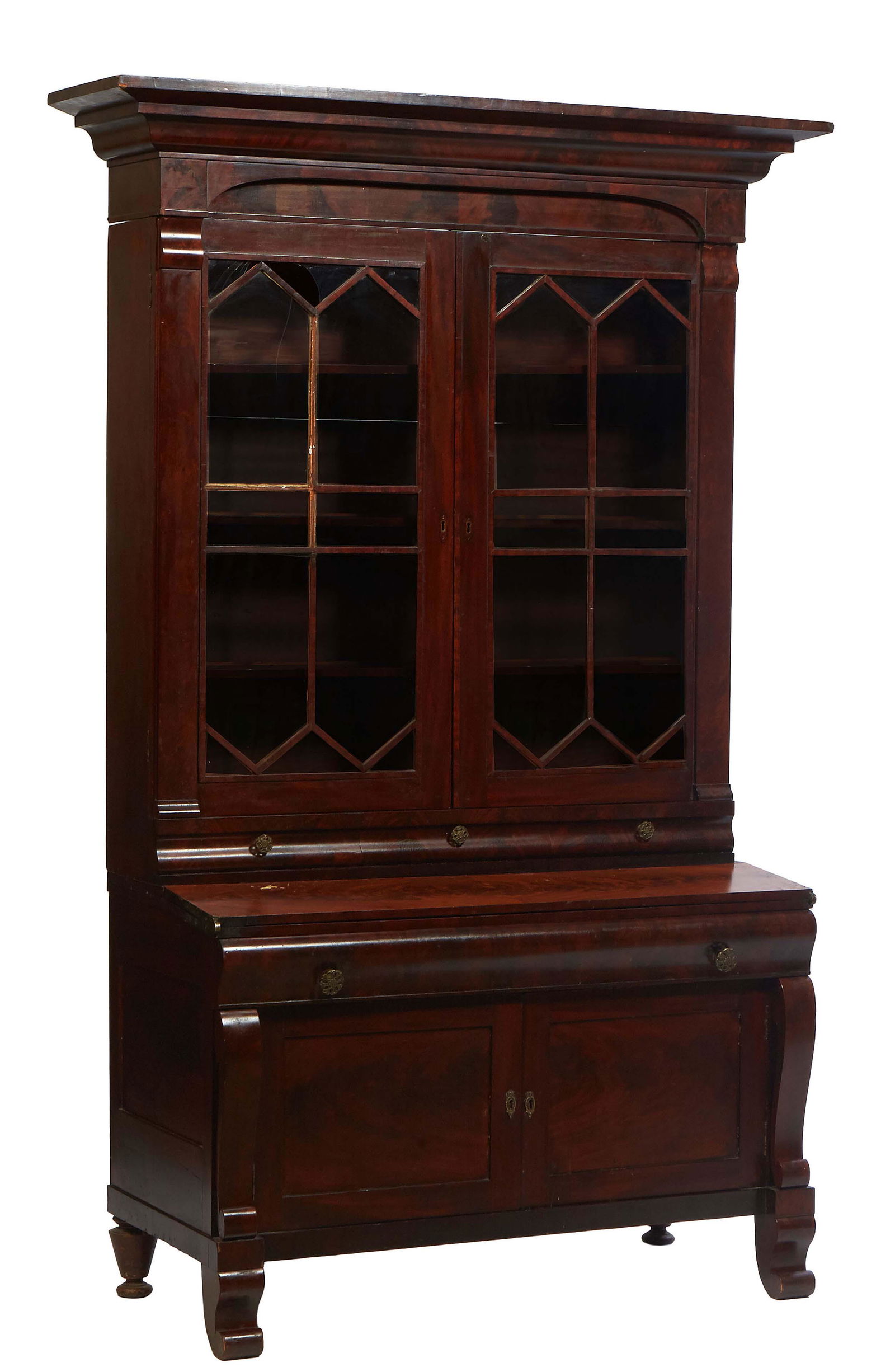 American Classical Carved Mahogany Secretary Bookcase, 19th c., the stepped ogee crown over double (1 of 2)
