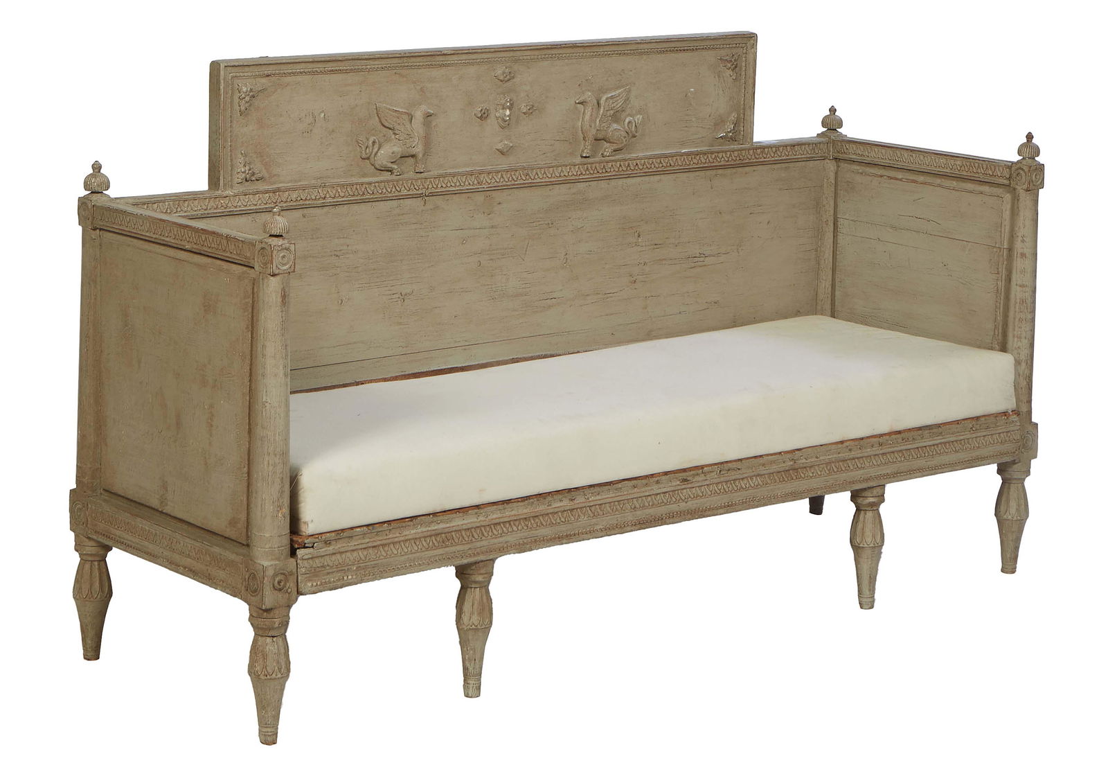 Rare Swedish Gustavian Carved Polychromed Pine Bench/Daybed, 19th c,. the stepped crest with carved (1 of 1)